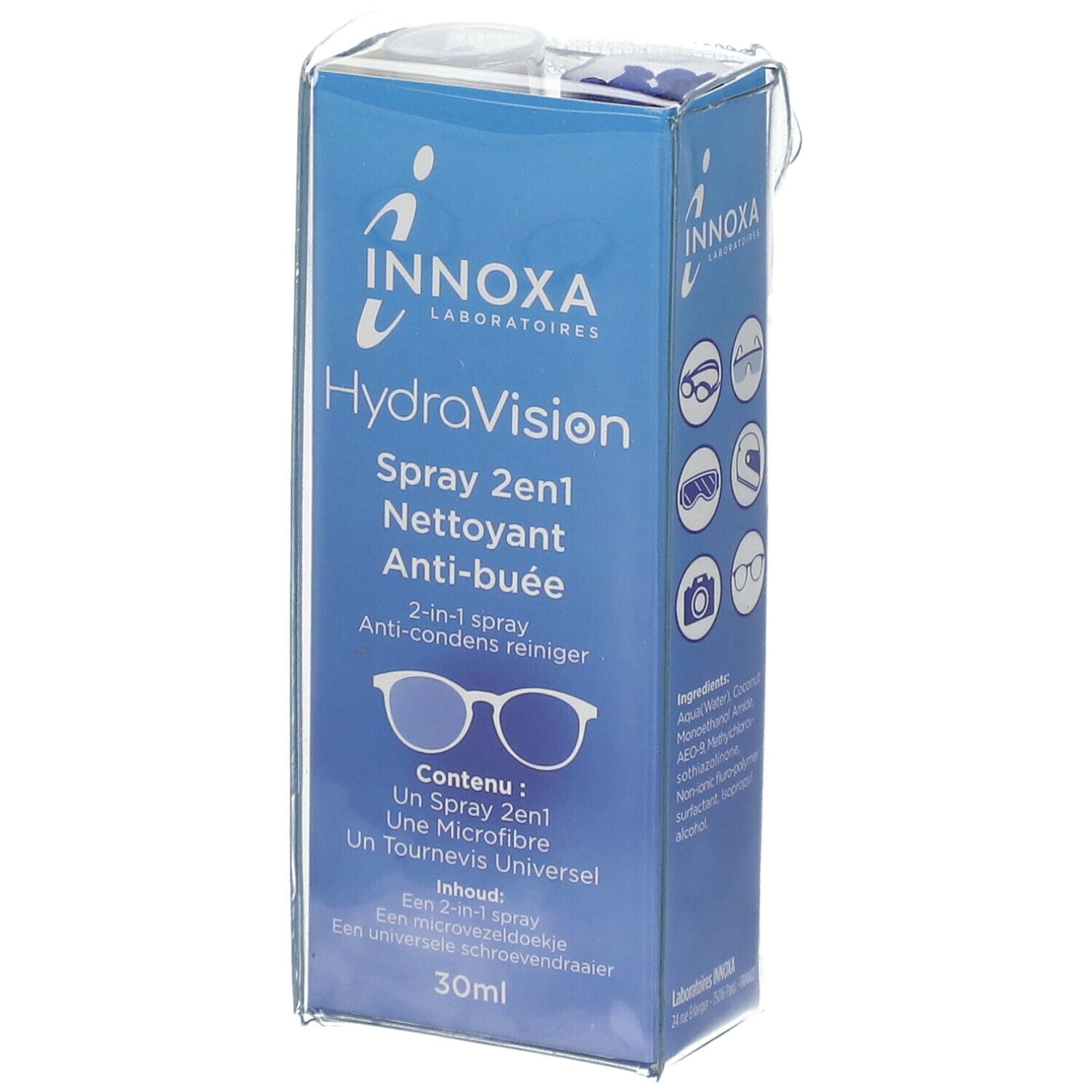 INNOXA HydraVision Spray 2en1 in Verpackung. Blaue Schachtel mit Produktnamen und Brillen-Symbol. Enthält Spray, Mikrofasertuch und Schraubendreher.