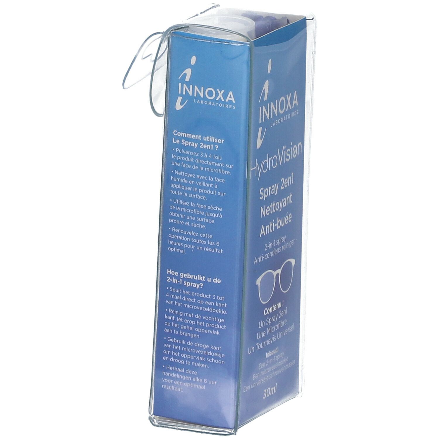 INNOXA HydraVision Spray 2en1 Verpackung, Seitenansicht. Blaue Schachtel mit Produktinformationen und Gebrauchsanweisung in mehreren Sprachen.