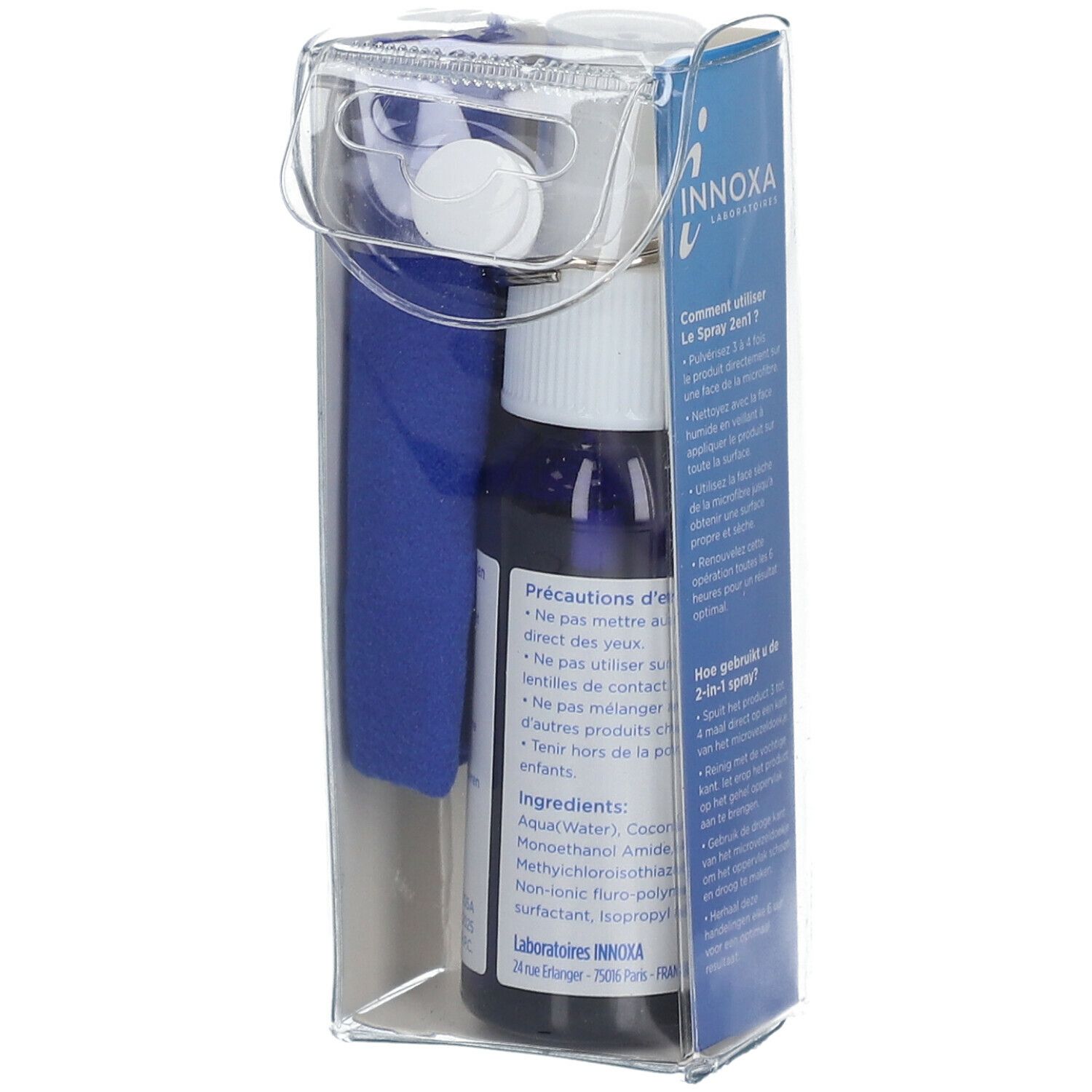 INNOXA HydraVision Spray 2en1 in Verpackung. Enthält Sprayflasche, Mikrofasertuch und Zubehör. Blaue Flasche mit Produktinformationen.