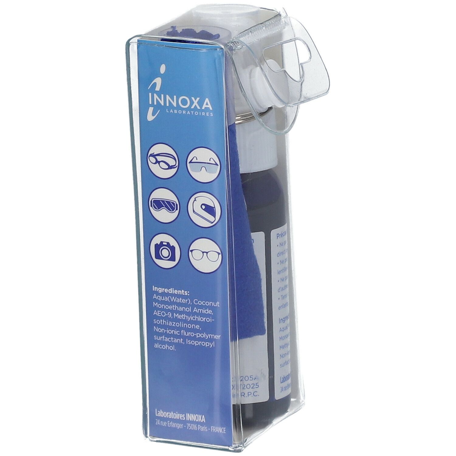 INNOXA HydraVision Spray 2en1 in Verpackung. Enthält Sprayflasche, Mikrofasertuch und Zubehör. Blaue Flasche mit Produktinformationen.