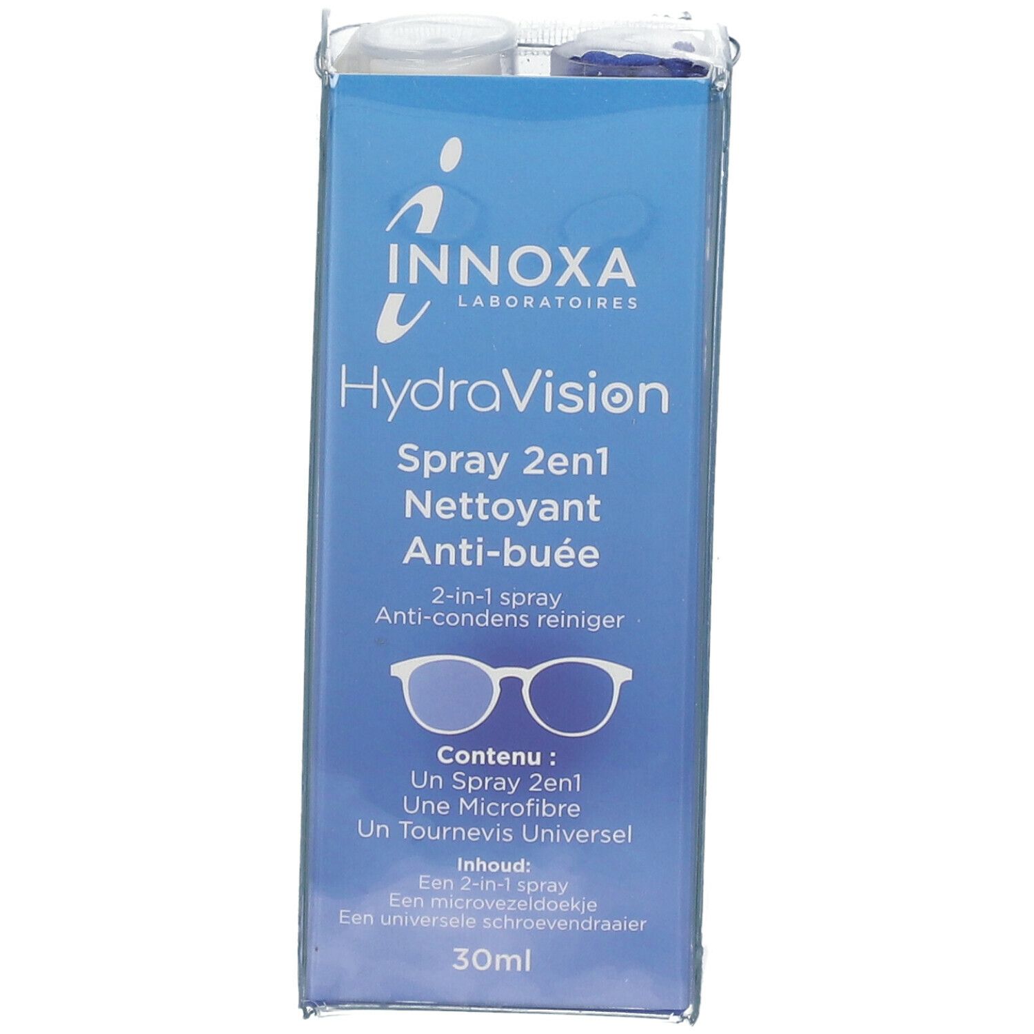 INNOXA HydraVision Spray 2en1 in Verpackung. Blaue Schachtel mit Produktnamen und Brillen-Symbol. Enthält Spray, Mikrofasertuch und Schraubendreher.