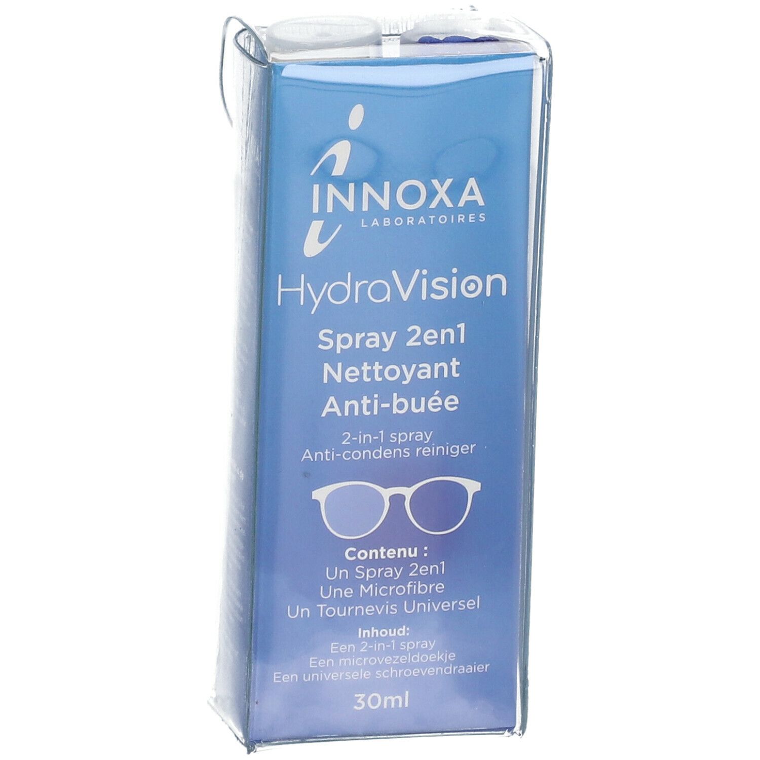 INNOXA HydraVision Spray 2en1 in Verpackung. Blaue Schachtel mit Produktnamen und Brillen-Symbol. Enthält Spray, Mikrofasertuch und Schraubendreher.