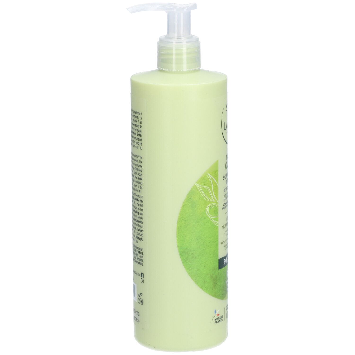 Grüne Flasche mit Pumpe. Rückseite mit Text. LAINO, Nutri Olive. 400ml.