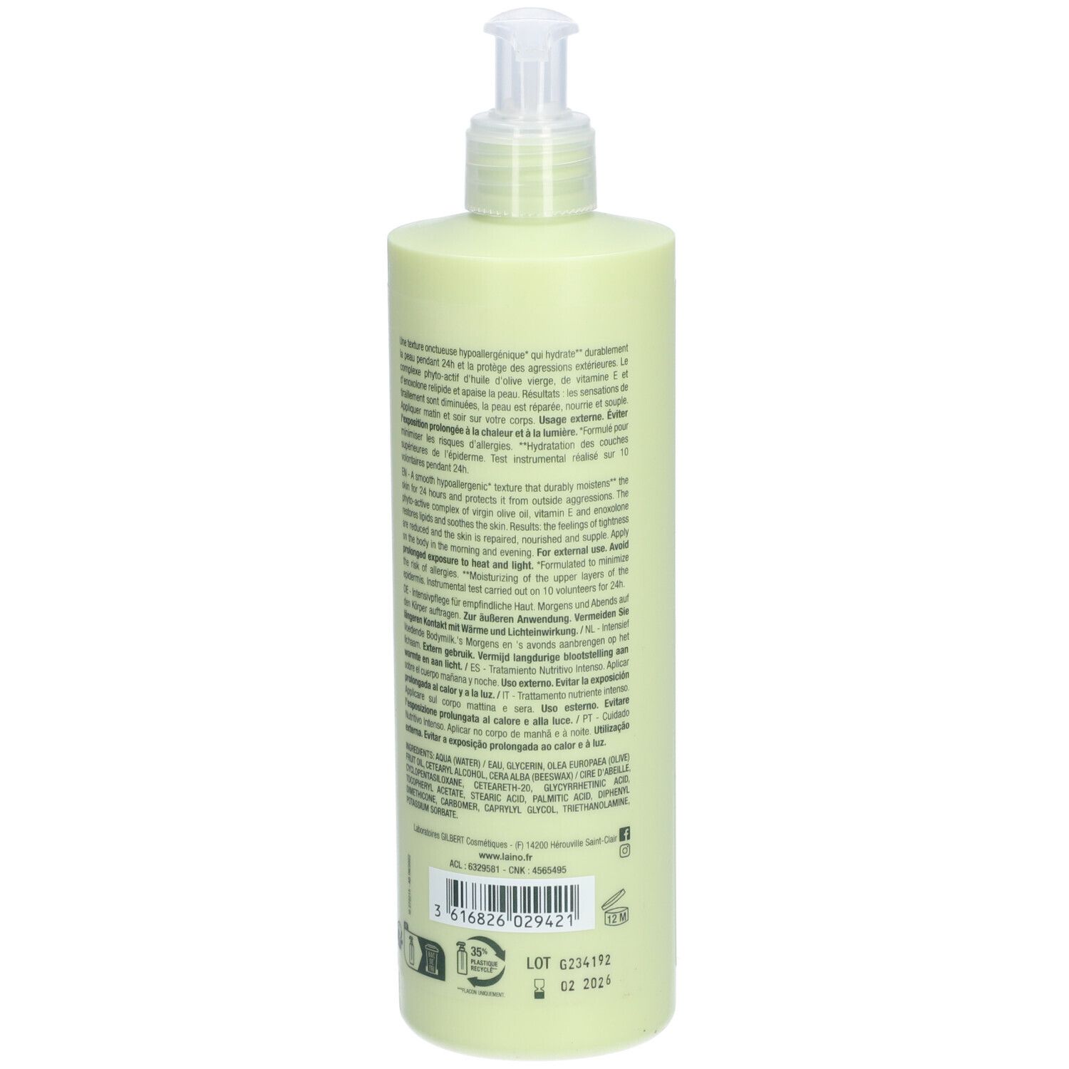 Grüne Flasche mit Pumpe. Rückseite mit Text. LAINO, Nutri Olive. 400ml.