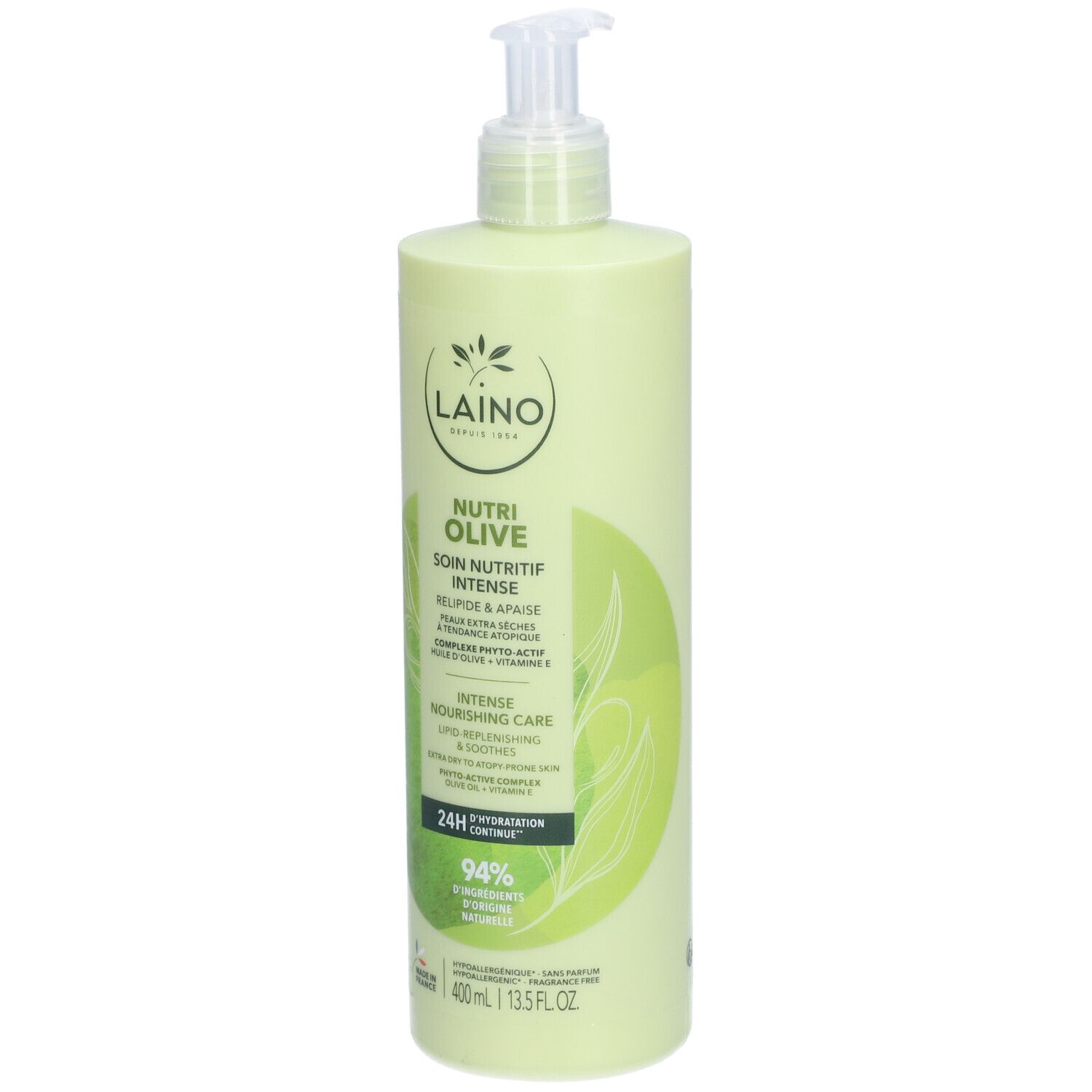Grüne Flasche mit Pumpe. Vorderseite mit Text. LAINO, Nutri Olive. 400ml.