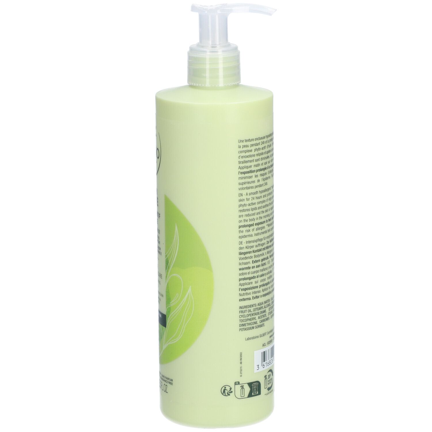 Grüne Flasche mit Pumpe. Rückseite mit Text. LAINO, Nutri Olive. 400ml.