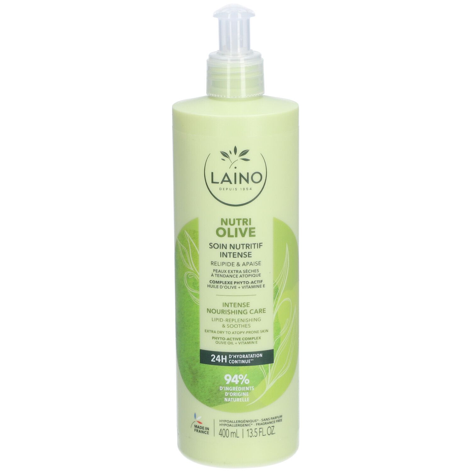 Grüne Flasche mit Pumpe. Aufschrift: LAINO, Nutri Olive, Soin Nutritif Intense. 400ml.