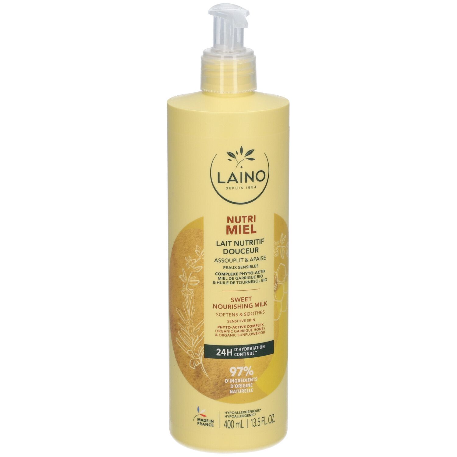 Gele fles met pomp. Opschrift: Laino, Nutri Miel Lait Nutritif Douceur. 400 ml. 97% ingrediënten van natuurlijke oorsprong.
