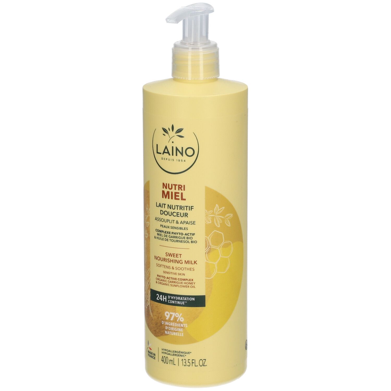 Gele fles met pomp. Opschrift: Laino, Nutri Miel Lait Nutritif Douceur. 400 ml. 97% ingrediënten van natuurlijke oorsprong.