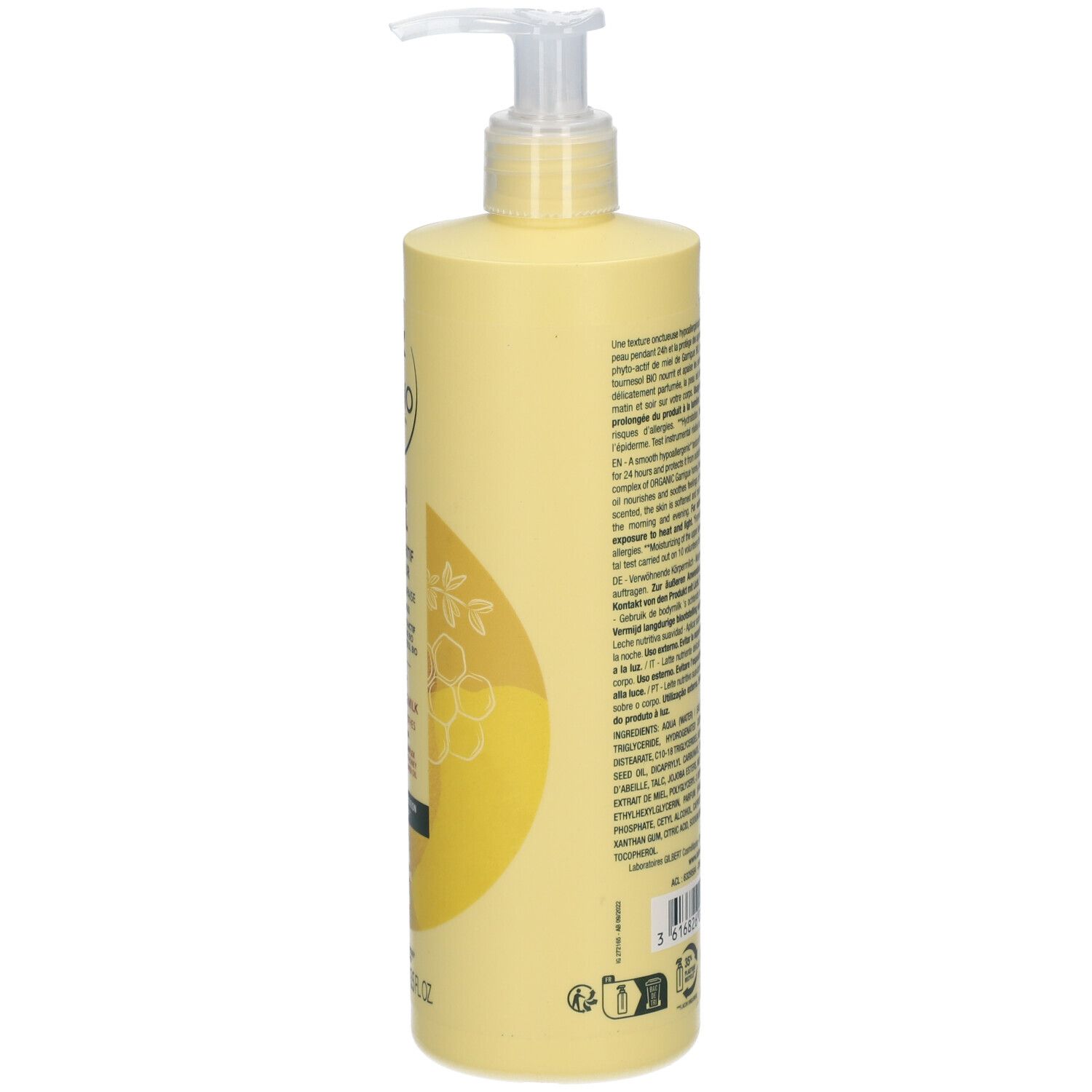 Gele fles met pomp. Tekst op de zijkant. Productnaam niet zichtbaar. Fabrikantenlogo bovenaan.
