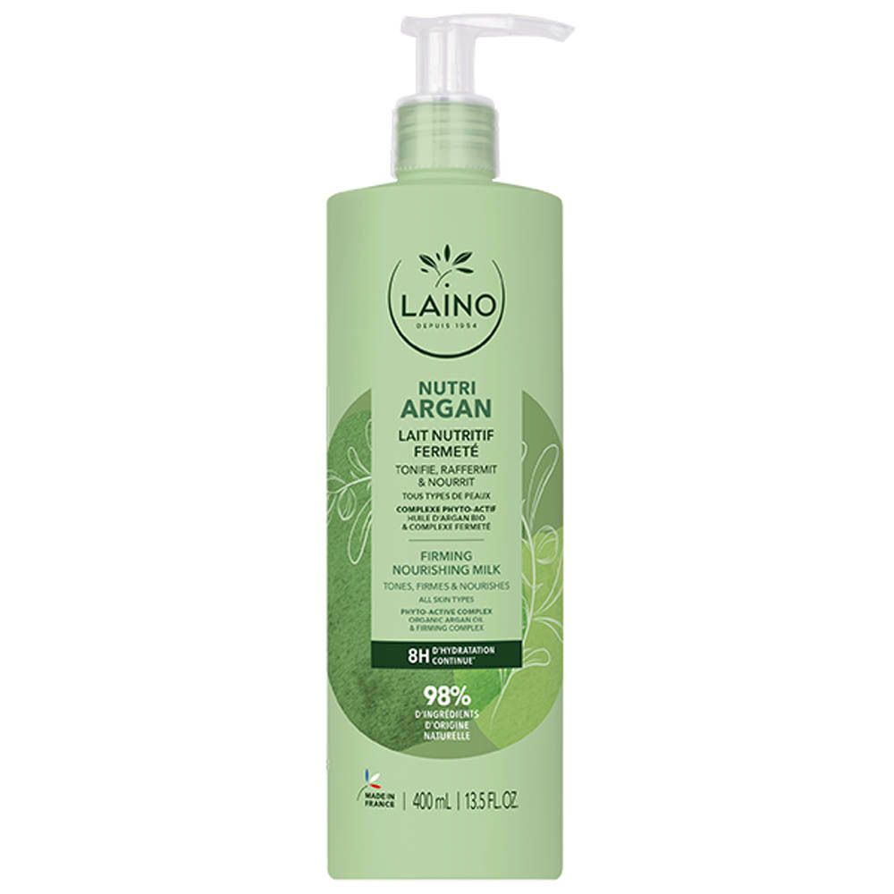 Flacon vert avec pompe. Inscriptions : Laino, Nutri Argan, Lait Nutritif Fermeté. 400ml. 98% ingrédients d'origine naturelle.