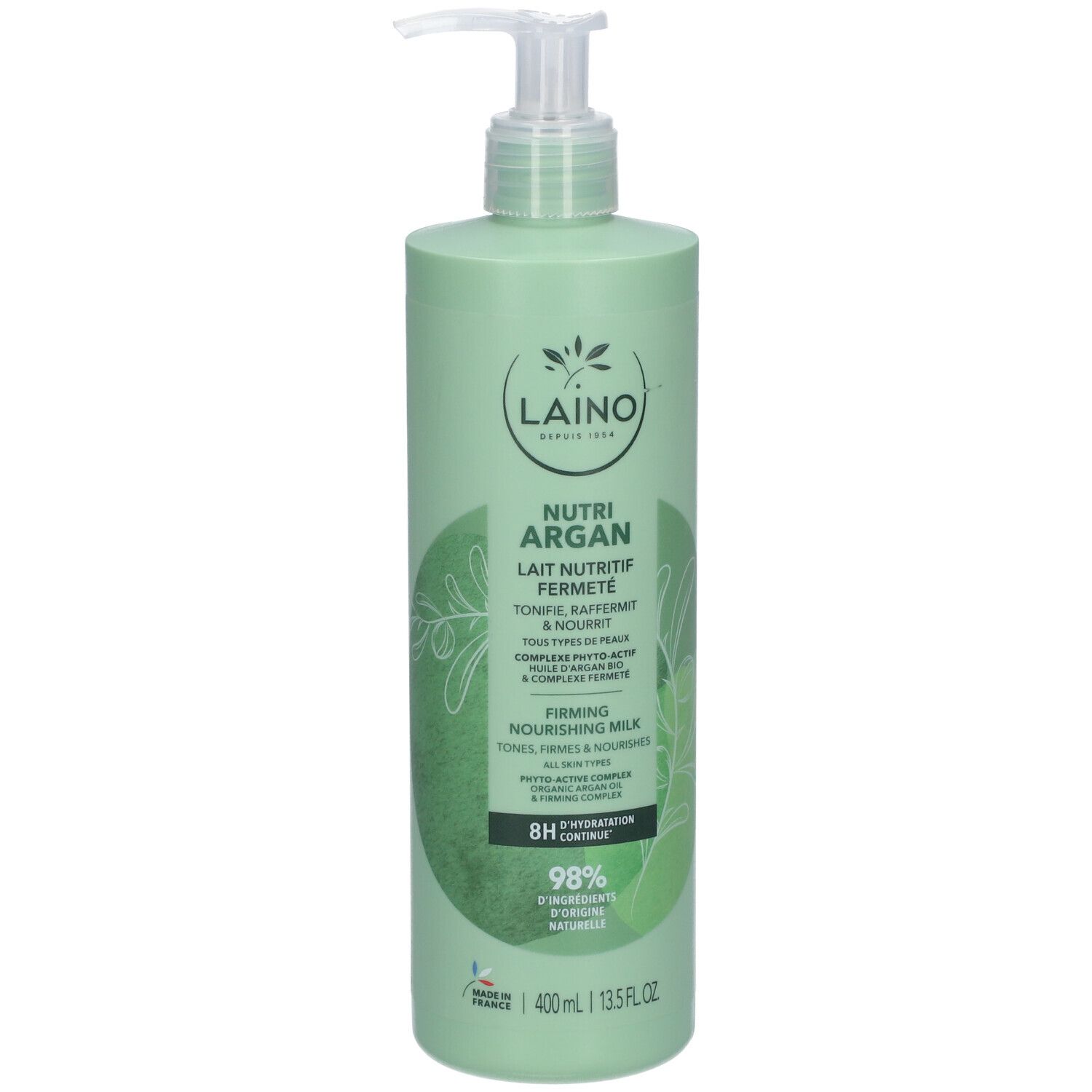 Flacon vert avec pompe. Inscriptions : Laino, Nutri Argan, Lait Nutritif Fermeté. 400ml. 98% ingrédients d'origine naturelle.