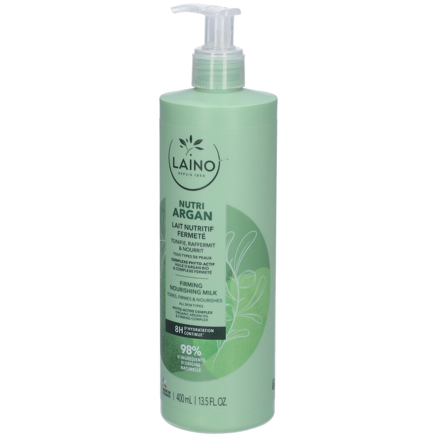 Flacon vert avec pompe. Inscriptions : Laino, Nutri Argan, Lait Nutritif Fermeté. 400ml. 98% ingrédients d'origine naturelle.