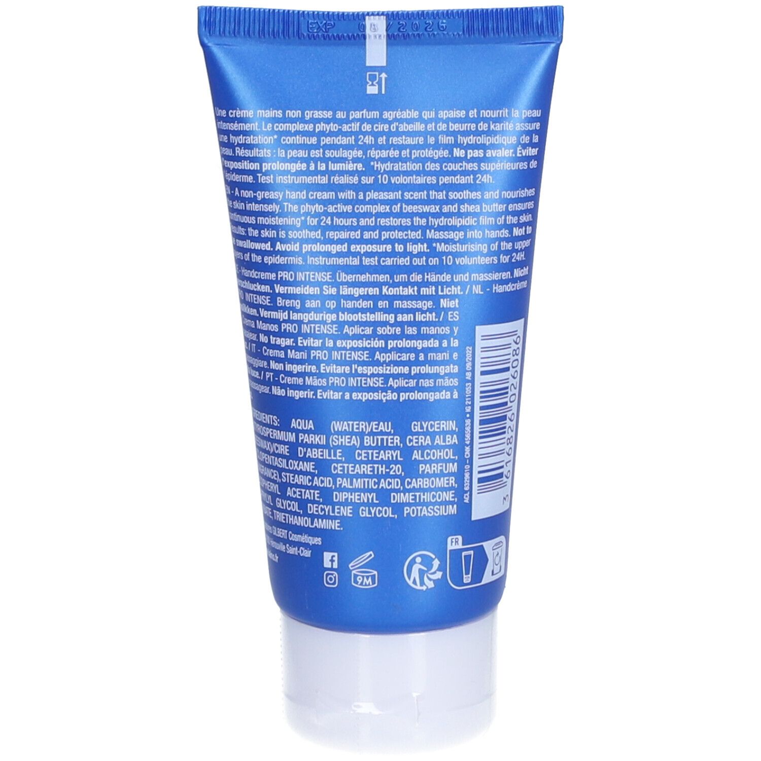 Rückseite einer blauen Tube mit weißem Deckel. Text in mehreren Sprachen. Enthält Inhaltsstoffe wie Aqua, Glycerin, Butyrospermum Parkii Butter, Cera Alba.
