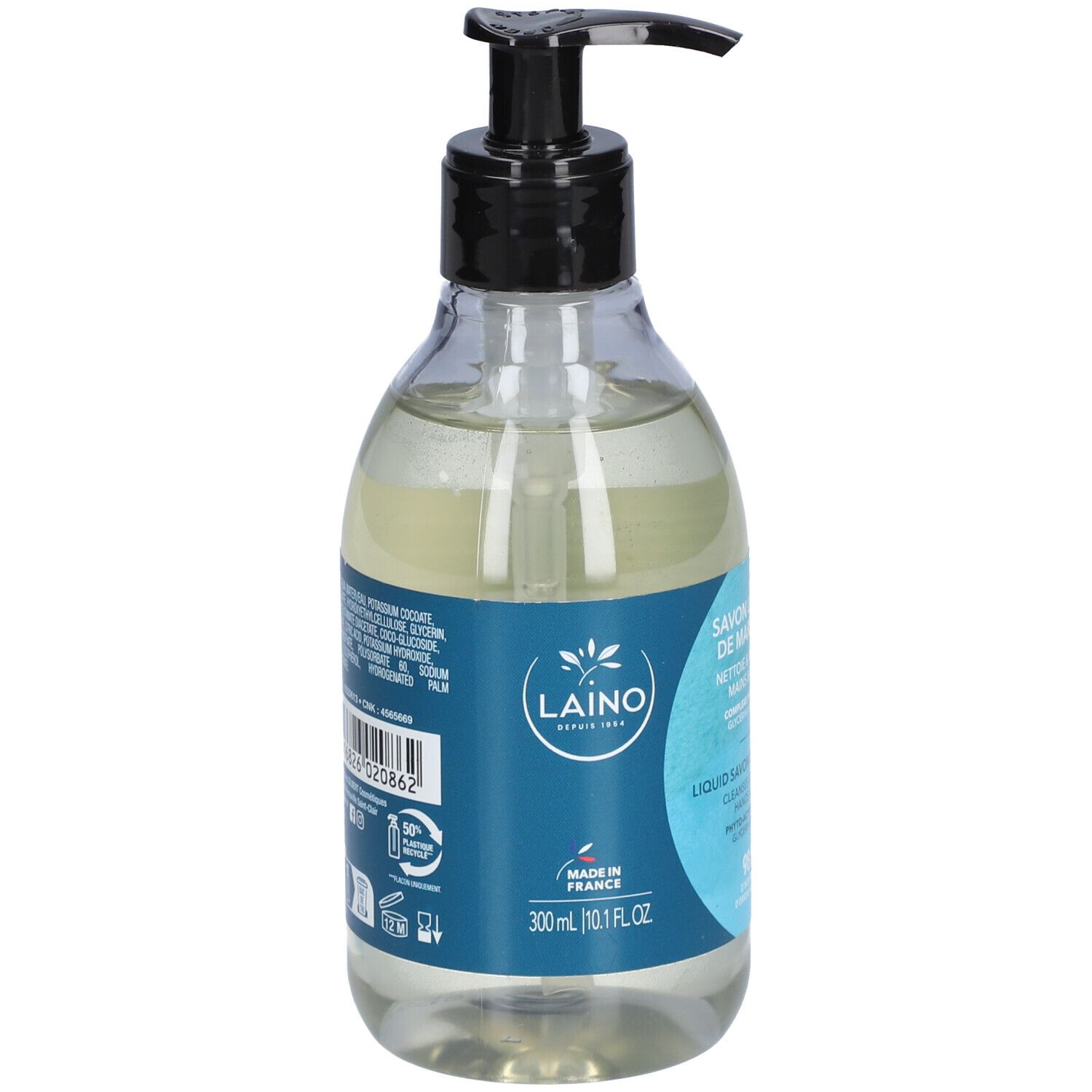 Transparente Flasche mit schwarzem Pumpverschluss. Blaues Etikett mit Produktinformationen. Marke Laino.