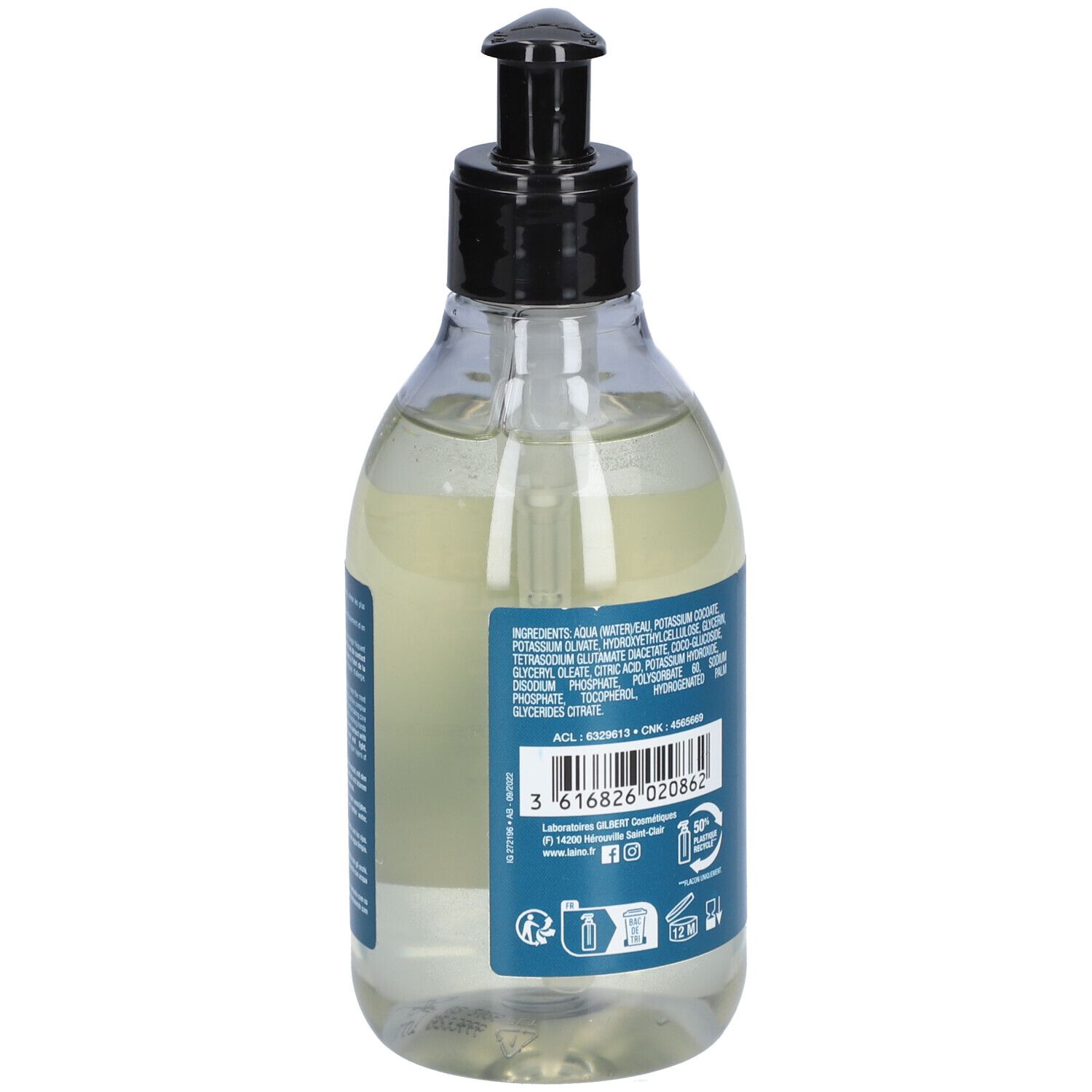 Rückseite einer transparenten Flasche mit schwarzem Pumpverschluss. Etikett mit Inhaltsstoffen und Informationen.