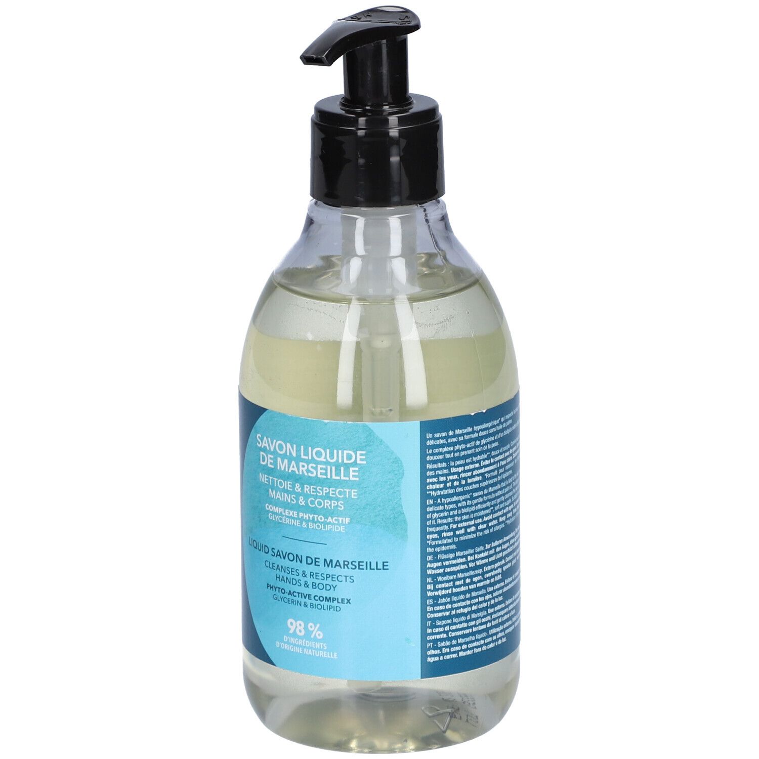 Transparente Flasche mit schwarzem Pumpverschluss. Blaues Etikett mit Produktinformationen. Flüssigseife.