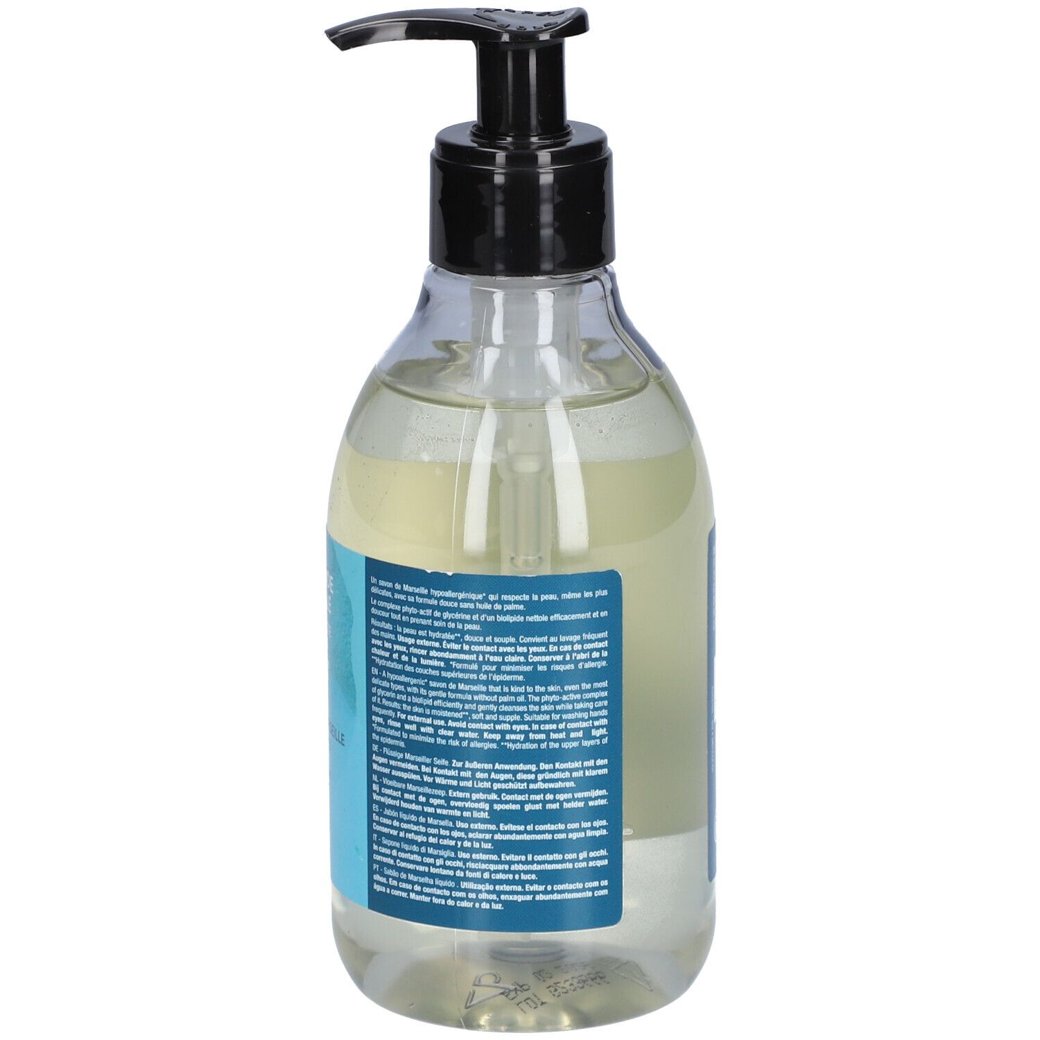 Rückseite einer transparenten Flasche mit schwarzem Pumpverschluss. Etikett mit Text und Informationen.