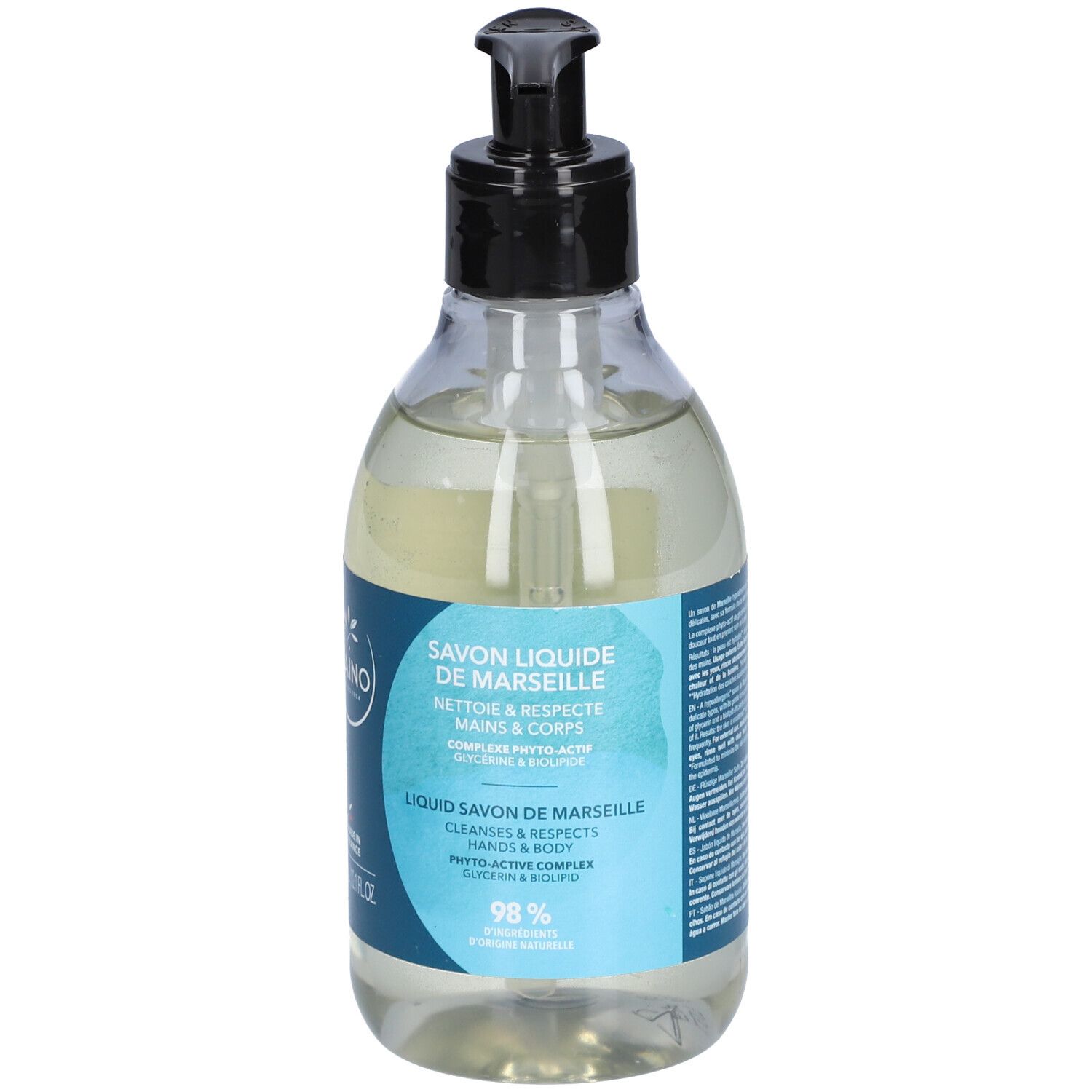 Transparente Flasche mit schwarzem Pumpverschluss. Blaues Etikett mit Produktinformationen. Flüssigseife.