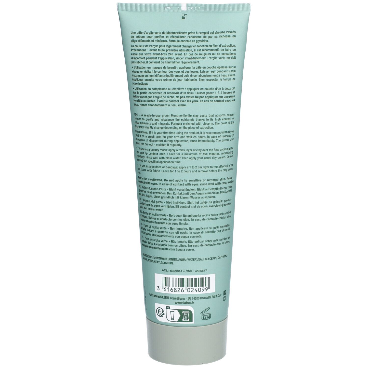 Rückseite der Tube mit grüner Tonerde-Paste. Text in Französisch. Enthält Informationen zu Inhaltsstoffen und Anwendung.