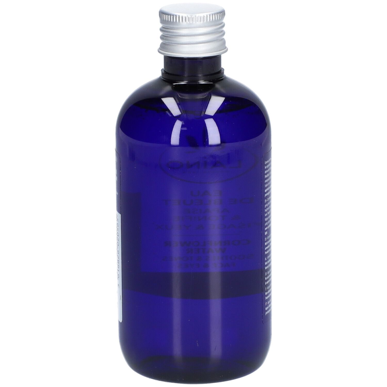 Rückseite einer blauen Flasche mit silbernem Deckel. Text in mehreren Sprachen. Enthält Informationen zur Anwendung und Inhaltsstoffe.