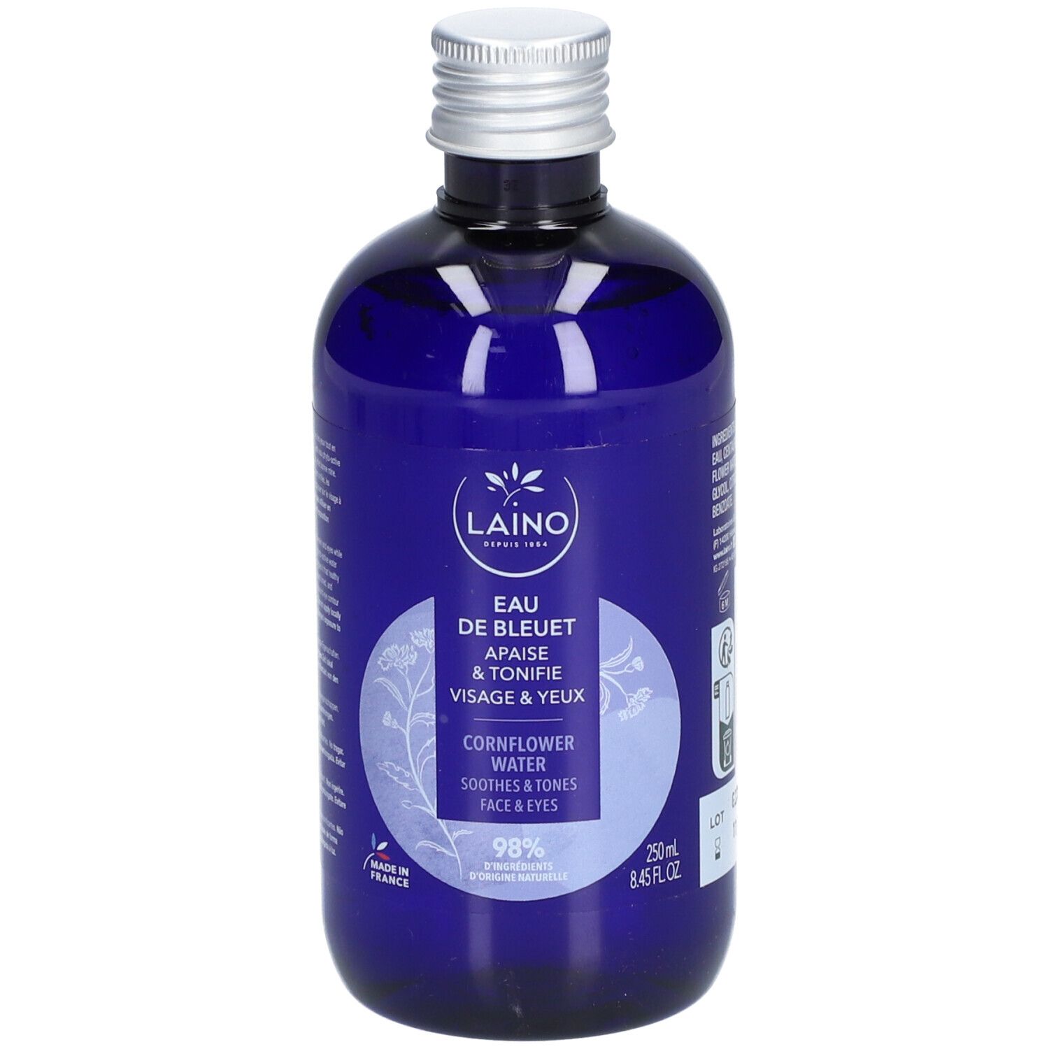 Blaue Flasche mit silbernem Deckel. Aufschrift: Laino Eau de Bleuet, beruhigt & tonisiert Gesicht & Augen. Enthält 98% Inhaltsstoffe natürlichen Ursprungs.