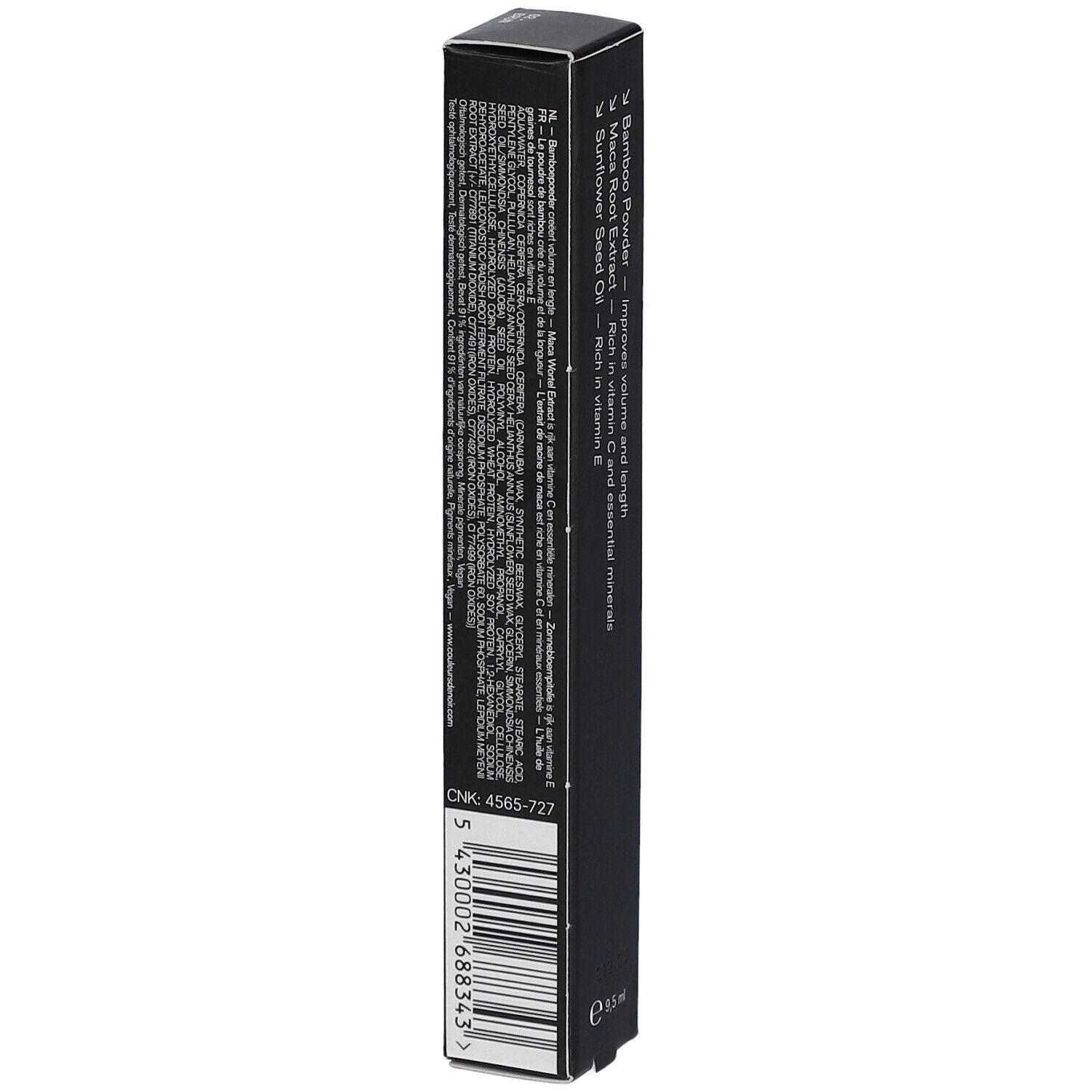 Emballage de mascara noir. Texte: COULEURS DE NOIR, ENDLESS LENGTHENING MASCARA 02. Code-barres et texte au dos.