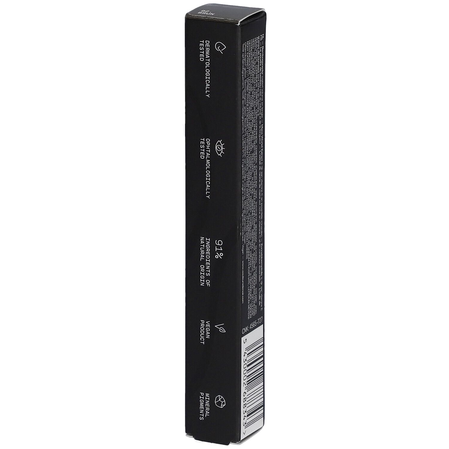 Emballage de mascara noir. Texte: COULEURS DE NOIR, ENDLESS LENGTHENING MASCARA 02. Testé dermatologiquement et ophtalmologiquement.