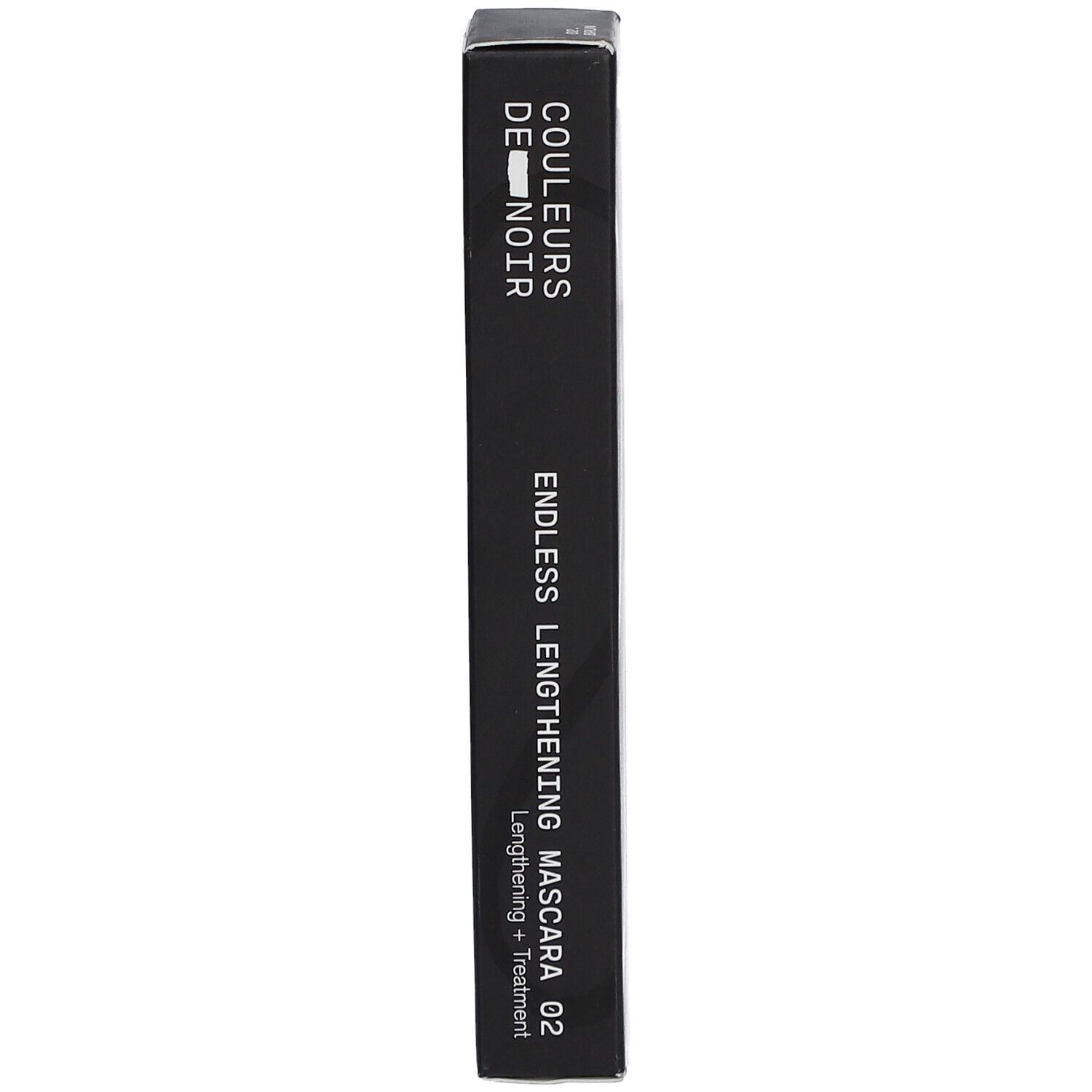 Emballage de mascara noir. Texte: COULEURS DE NOIR, ENDLESS LENGTHENING MASCARA 02. Emballage de mascara.