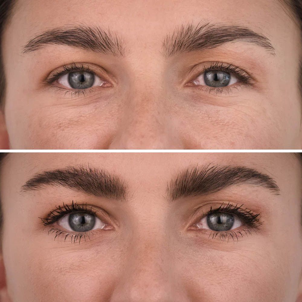 Paire d'yeux avant et après l'application du mascara. Rangée supérieure: sans mascara. Rangée inférieure: avec mascara.