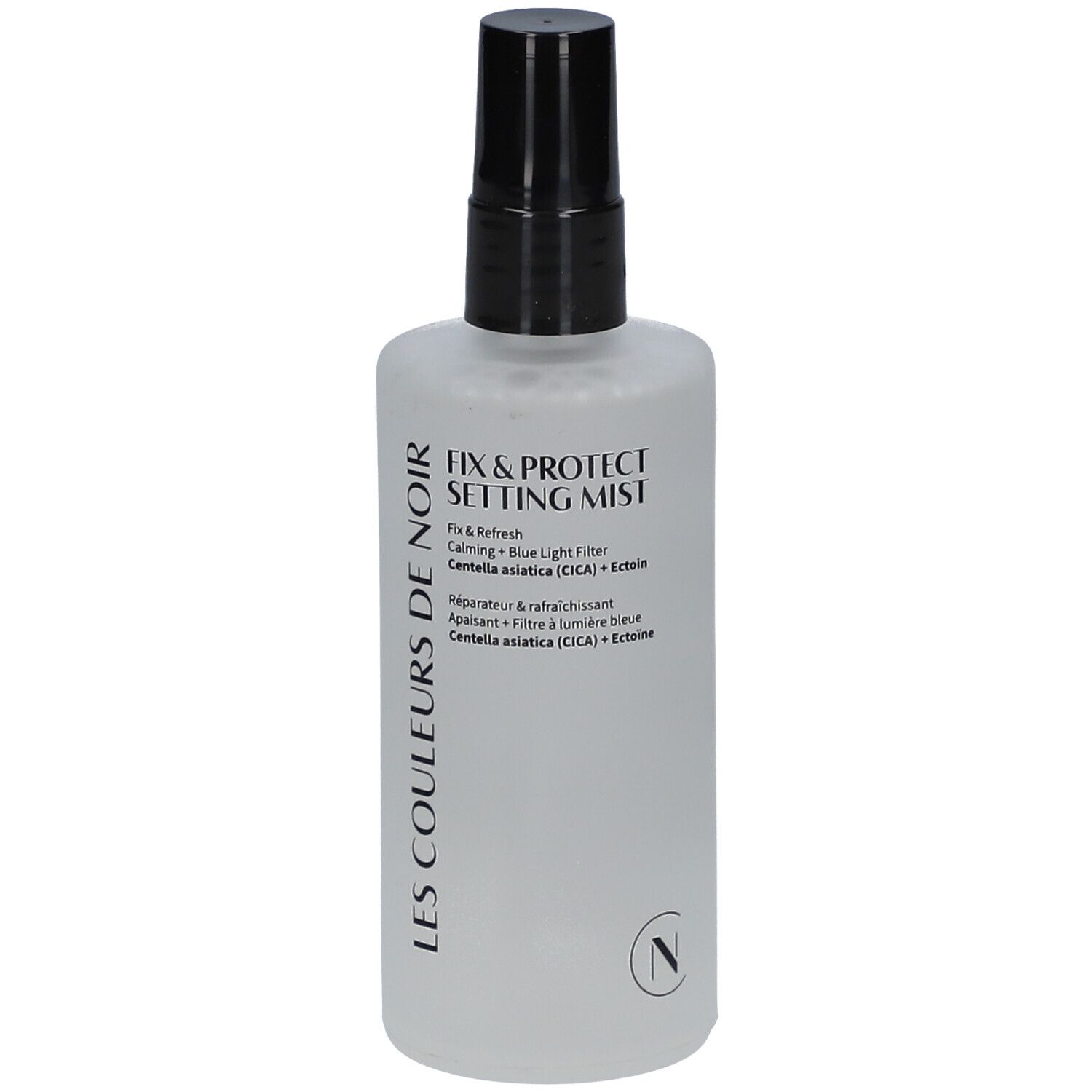 Flacon transparent avec bouchon noir. Inscription: Fix & Protect Setting Mist, Les Couleurs de Noir.