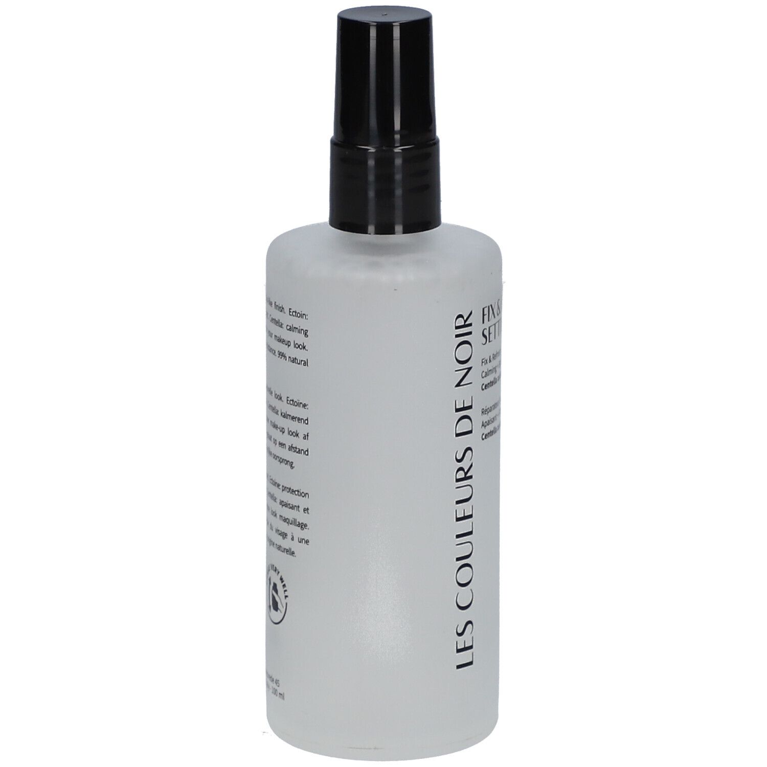 Dos du spray. Texte: Fix & Protect Setting Mist, Les Couleurs de Noir. Ingrédients et certifications.