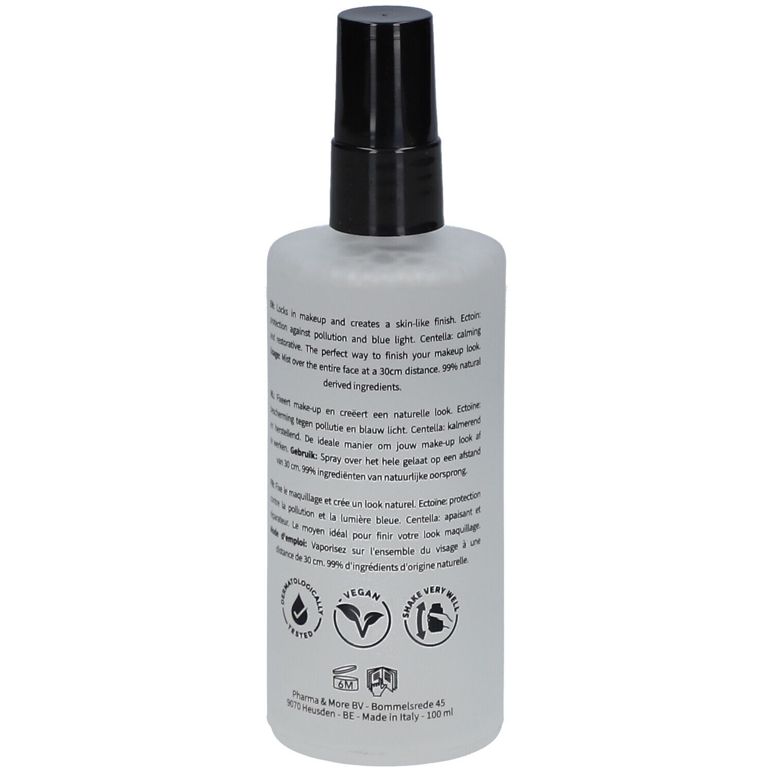 Dos du spray. Texte: Fix & Protect Setting Mist, Les Couleurs de Noir. Ingrédients et certifications.
