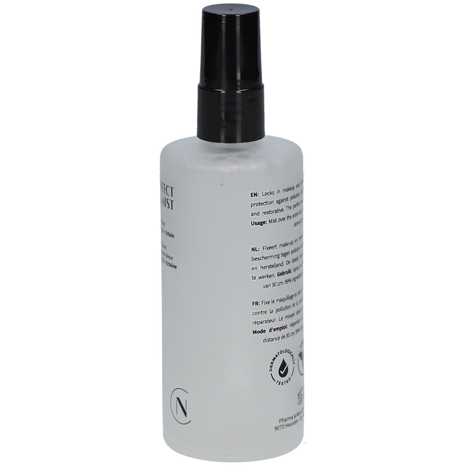 Dos du spray. Texte: Fix & Protect Setting Mist, Les Couleurs de Noir. Ingrédients et certifications.