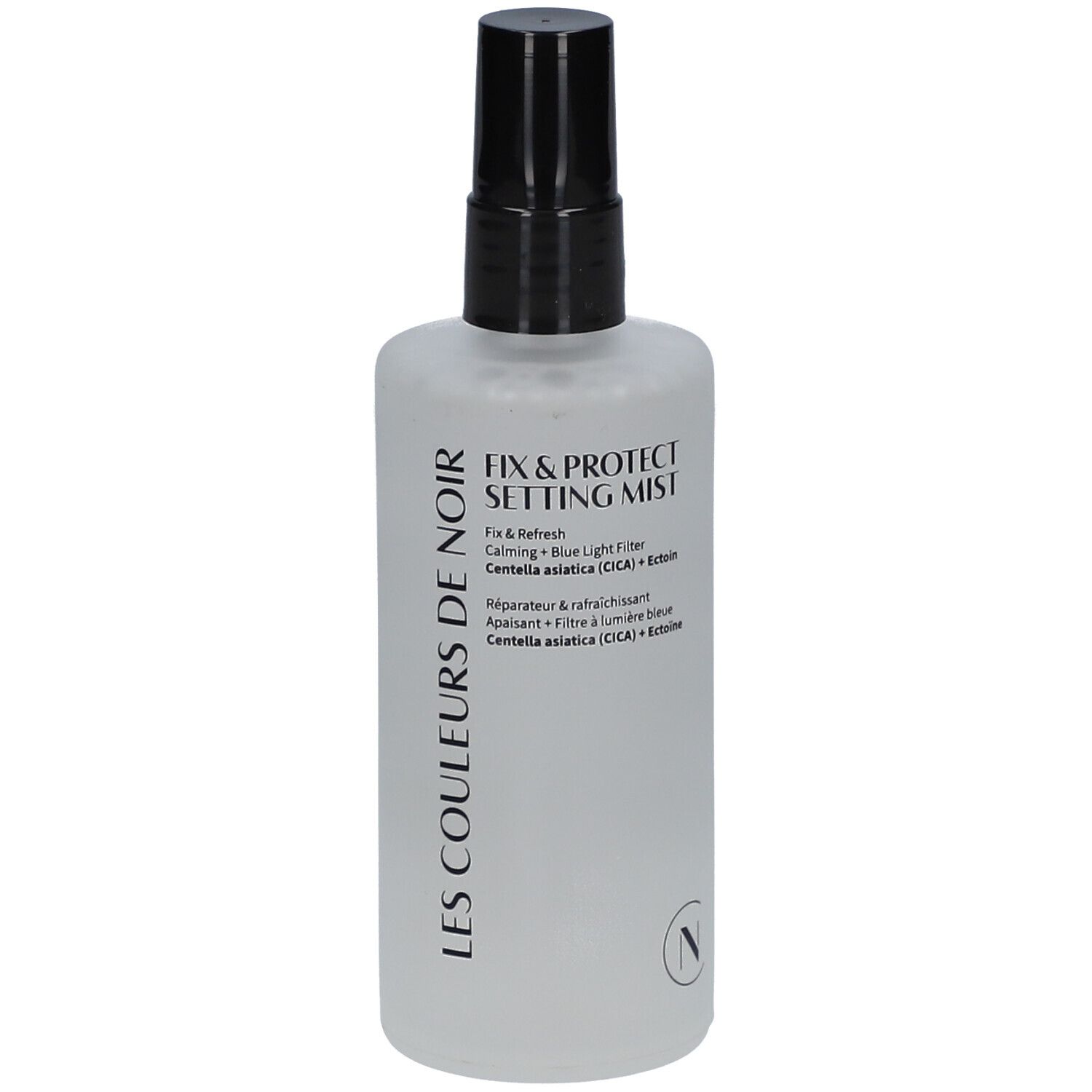 Flacon transparent avec bouchon noir. Inscription: Fix & Protect Setting Mist, Les Couleurs de Noir.