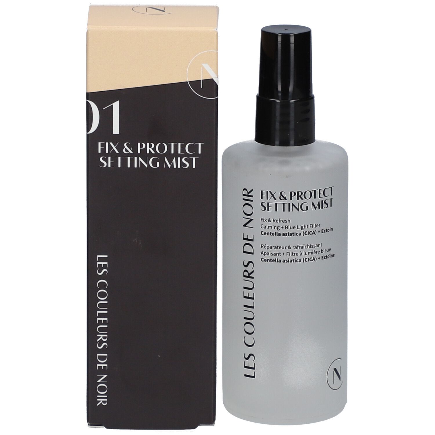Flacon de spray et emballage. Inscription: Fix & Protect Setting Mist, Les Couleurs de Noir. Emballage noir.