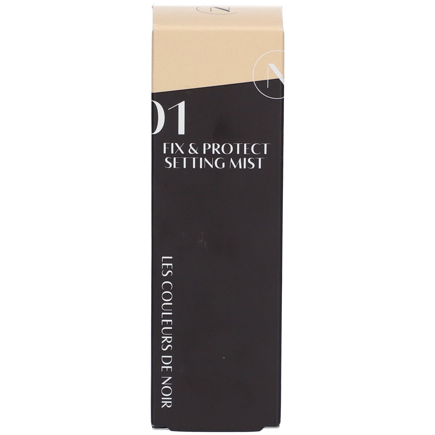 Emballage noir. Inscription: Fix & Protect Setting Mist, Les Couleurs de Noir. Numéro 01.