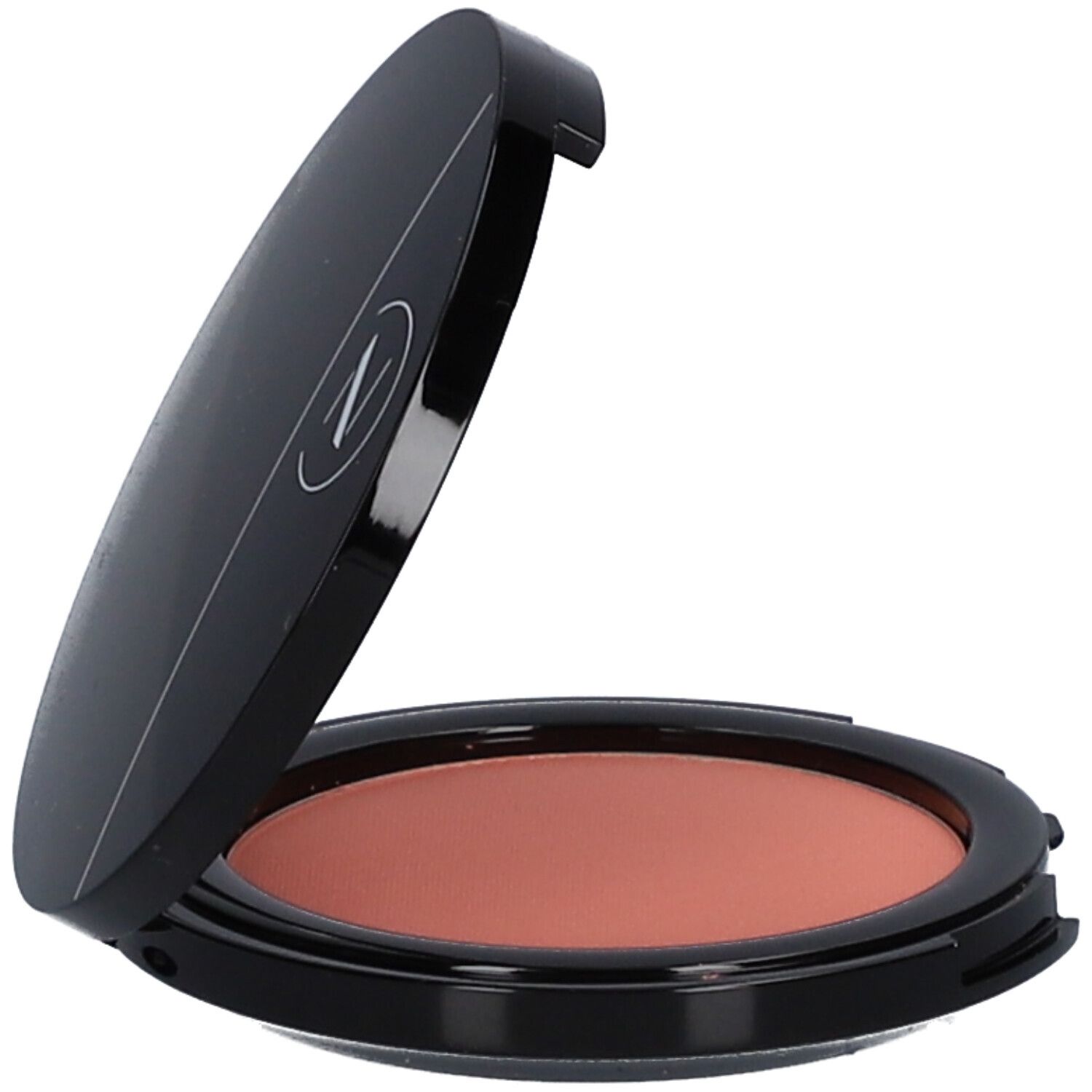 Kompakt-Blush, geöffnet. Schwarzer Behälter mit pfirsichfarbenem Rouge. Deckel halb geöffnet.