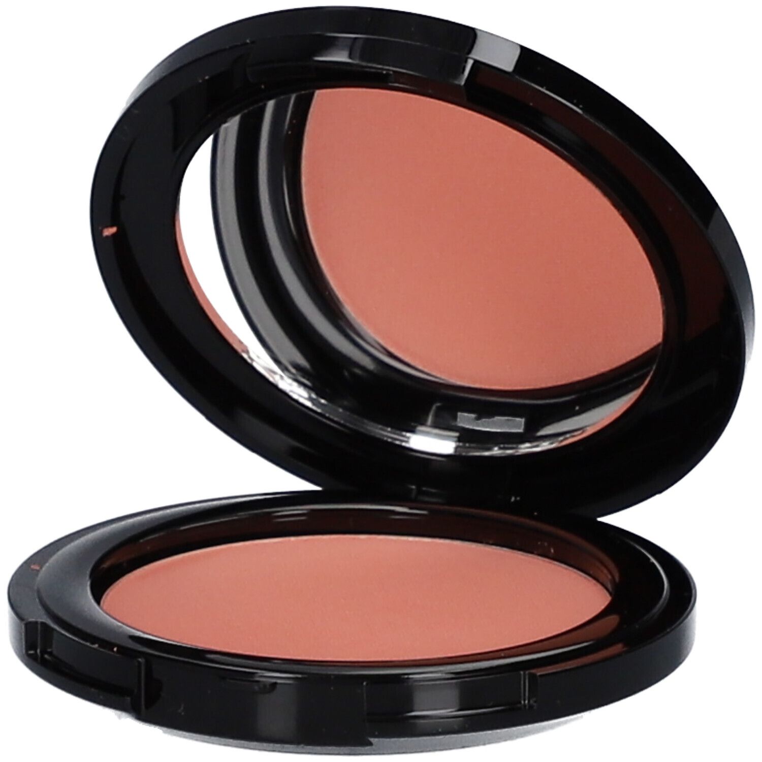 Kompakt-Blush mit Spiegel, geöffnet. Schwarzer Behälter mit pfirsichfarbenem Rouge. Runde Form.