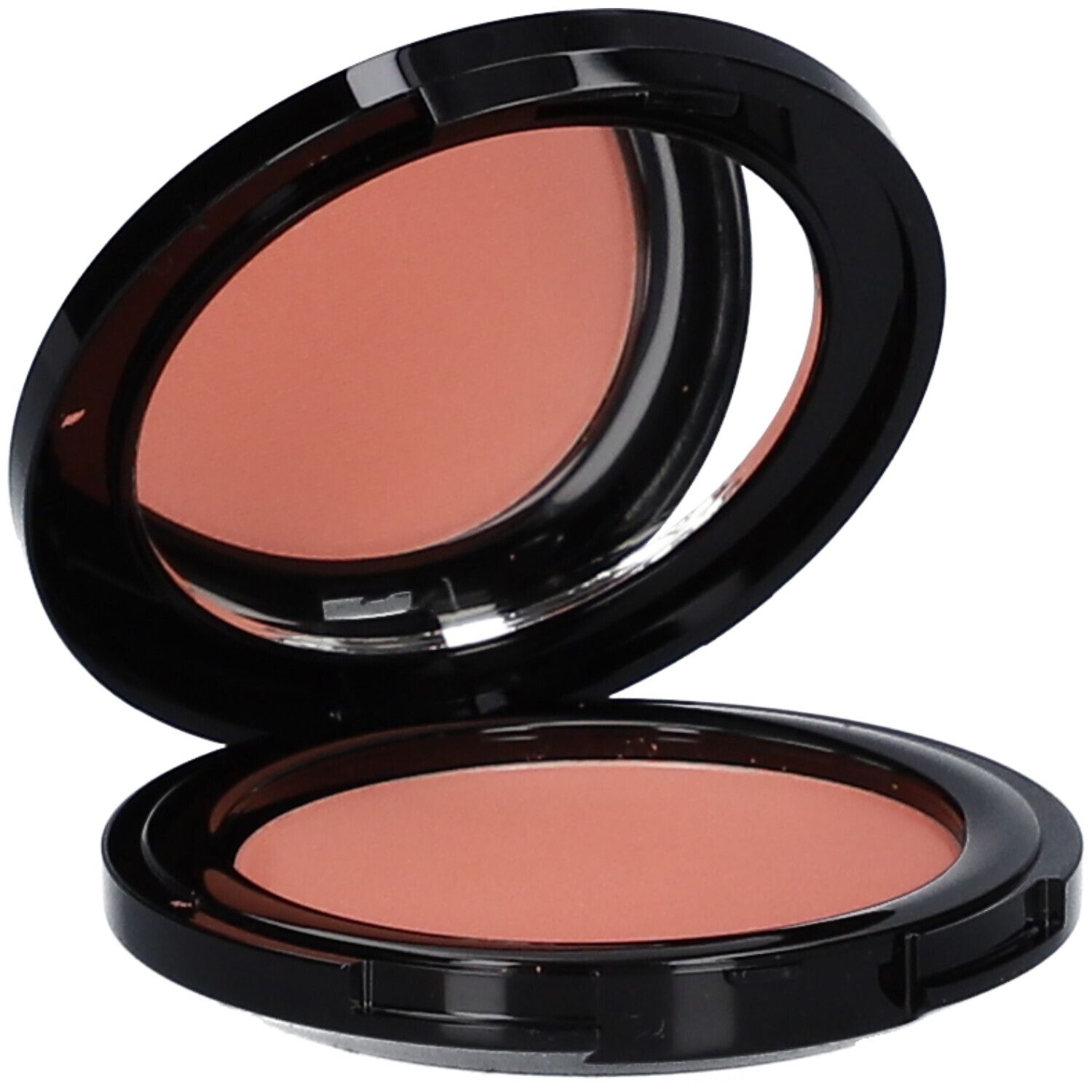Kompakt-Blush mit Spiegel, geöffnet. Schwarzer Behälter mit pfirsichfarbenem Rouge. Runde Form.