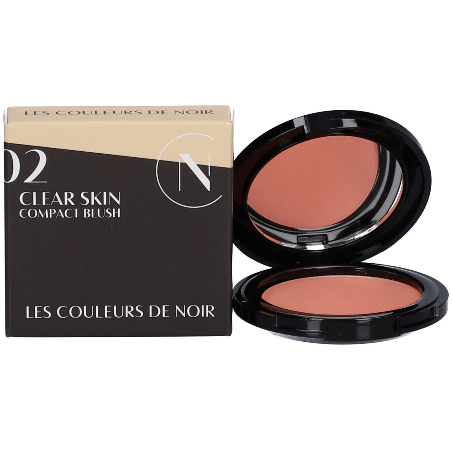 Kompakt-Blush mit Verpackung. Schwarze Schachtel mit Produktinformationen. Marke Les Couleurs de Noir.