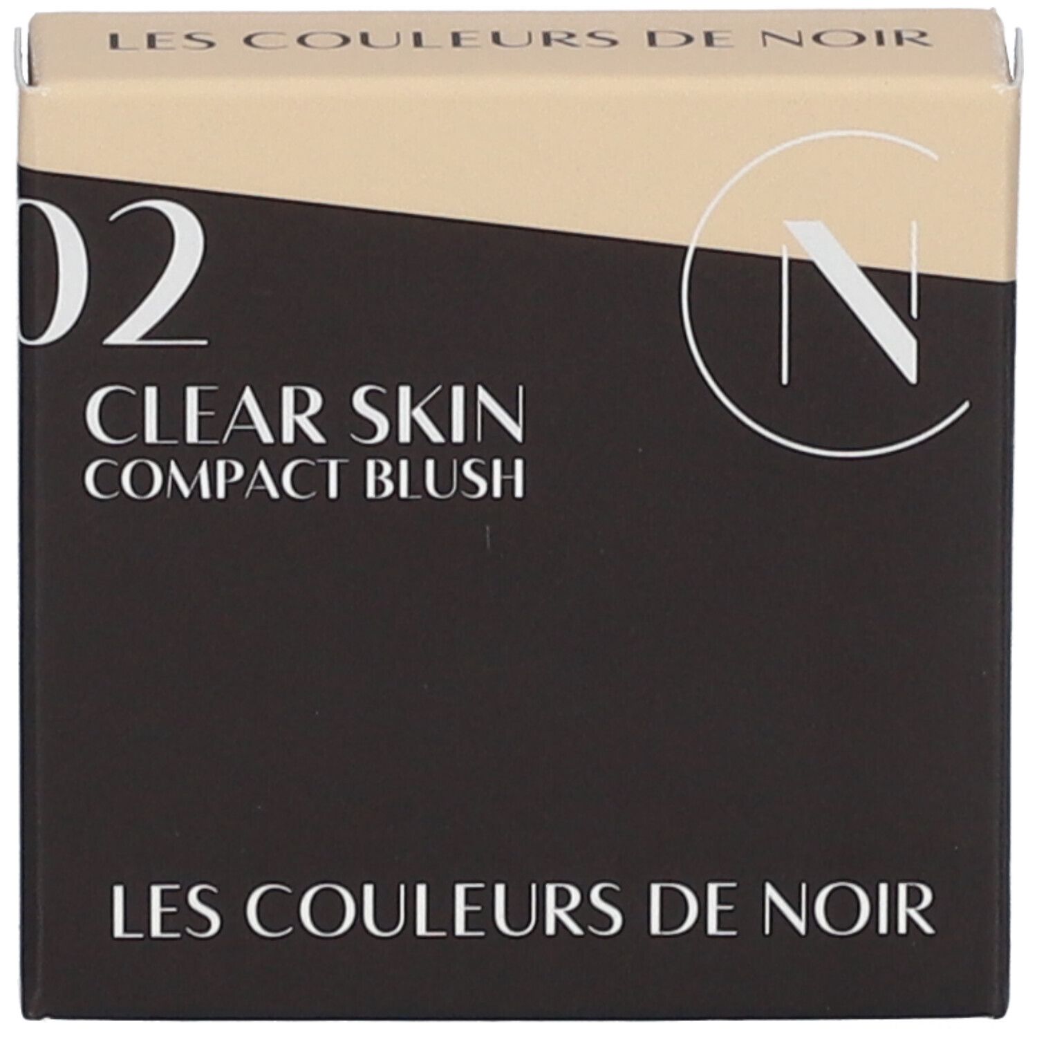 Verpackung des Kompakt-Blushs. Schwarze Schachtel mit Produktinformationen. Marke Les Couleurs de Noir.