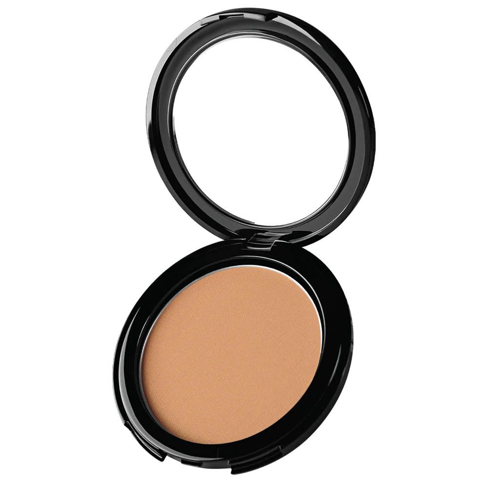 Compacte bronzer met spiegel in zwarte behuizing. Geopend, bronzer en spiegel zichtbaar.