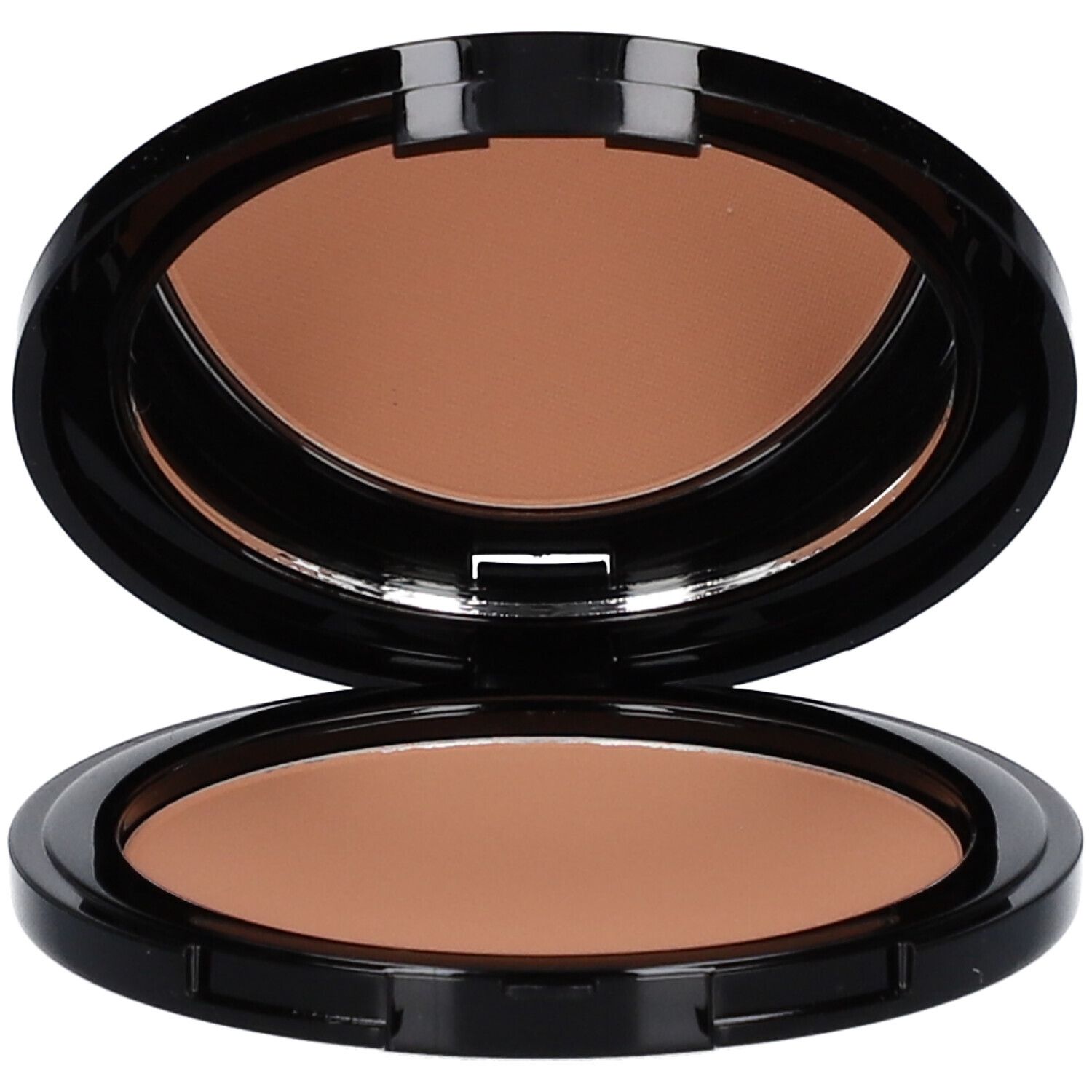 Compacte bronzer met spiegel in zwarte behuizing. Geopend, bronzer en spiegel zichtbaar.