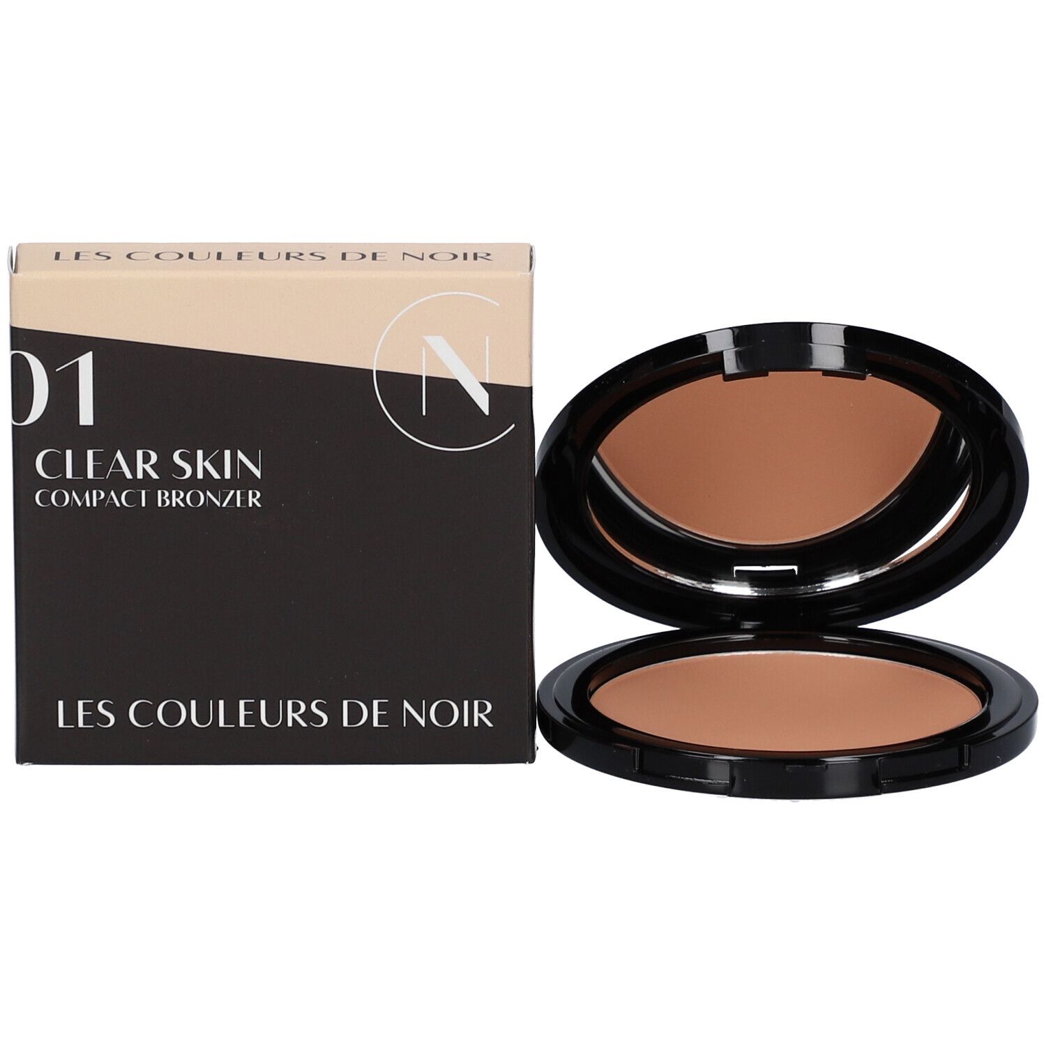 Compacte bronzer met spiegel en verpakking. Verpakking met productnaam en logo.