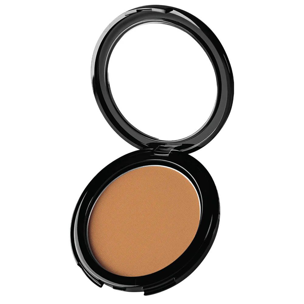 Bronzer compact ouvert. Boîtier noir avec miroir et poudre brune.