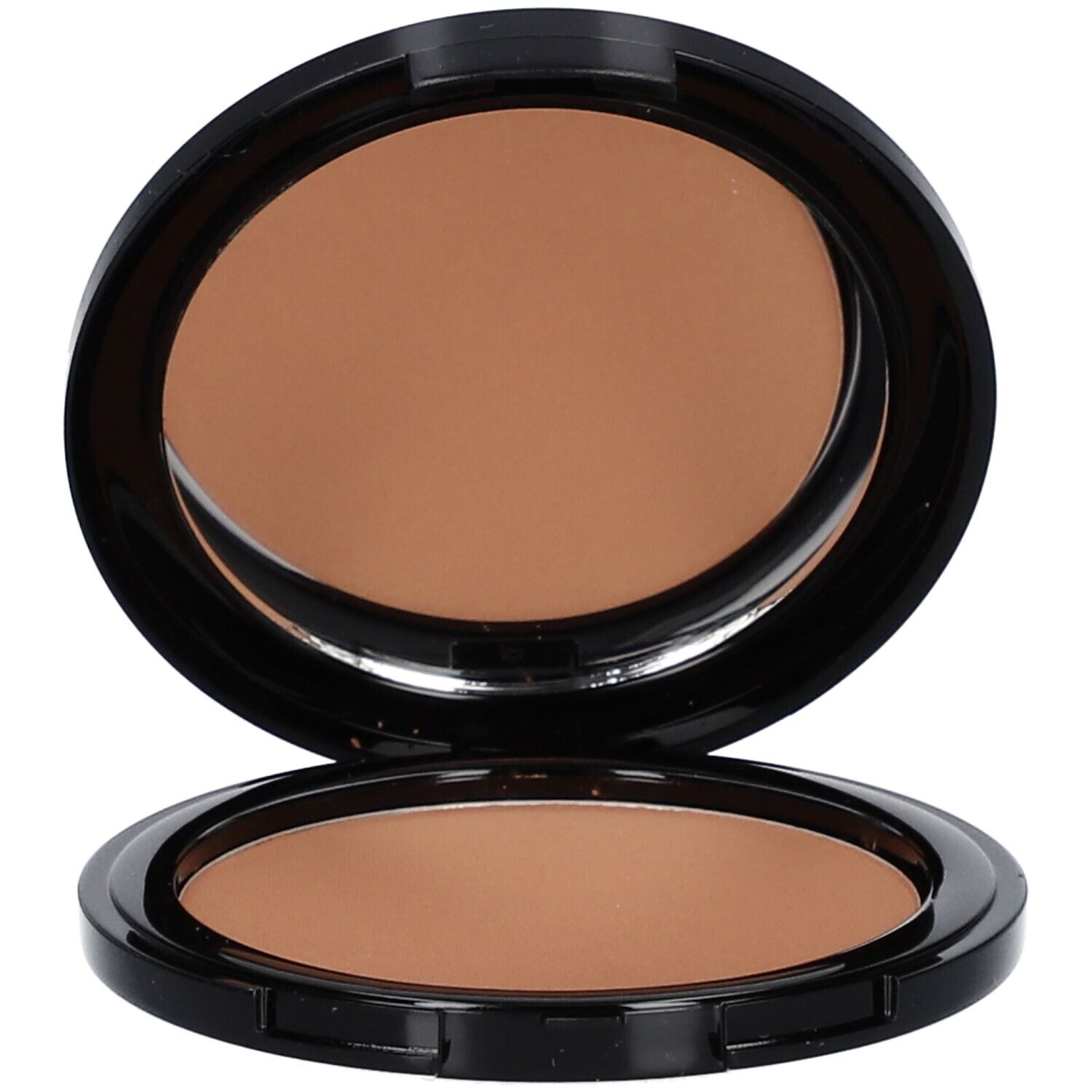 Bronzer compact ouvert. Boîtier noir avec miroir et poudre brune. Forme ronde.