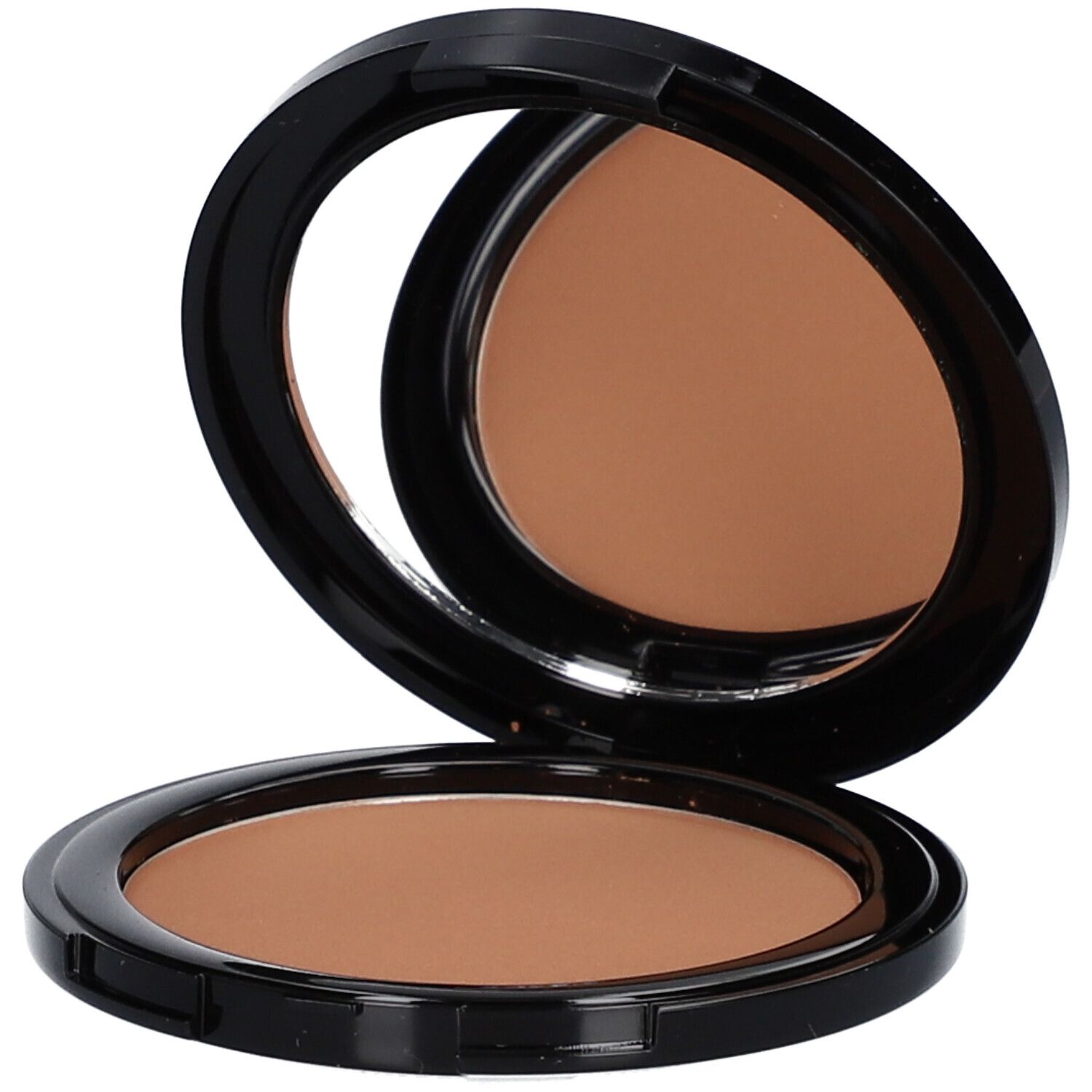 Bronzer compact ouvert. Boîtier noir avec miroir et poudre brune.