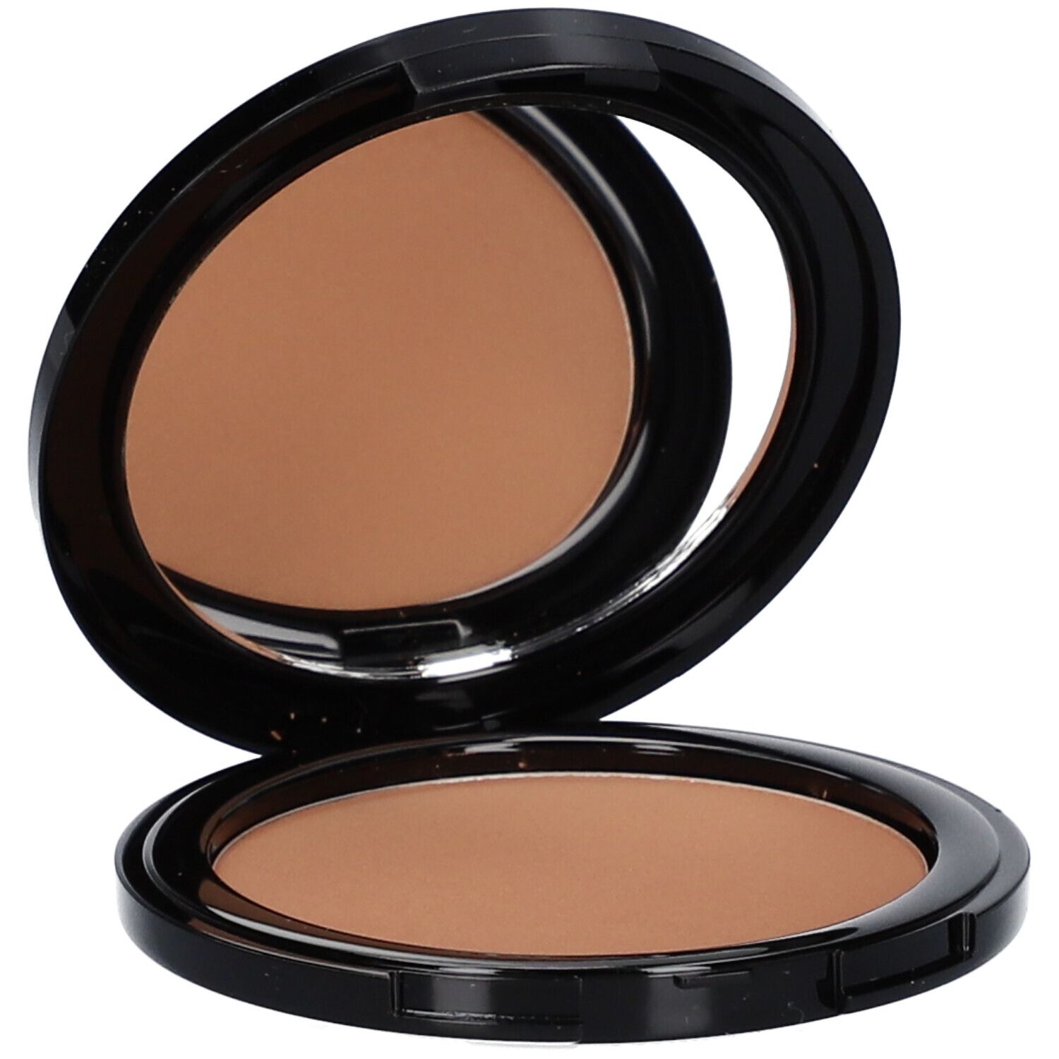 Bronzer compact ouvert. Boîtier noir avec miroir et poudre brune.
