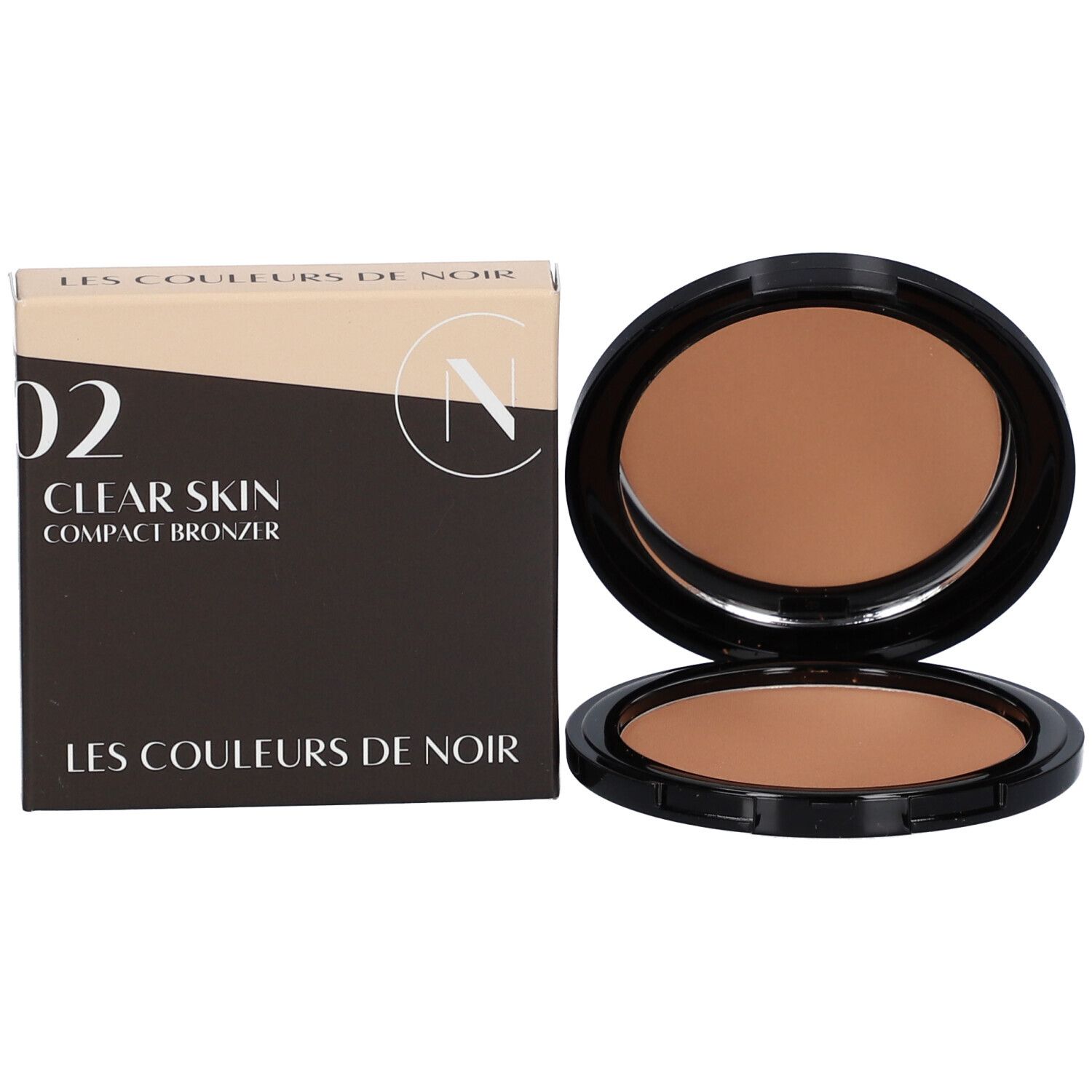 Bronzer compact avec emballage. Bronzer noir à côté d'une boîte avec informations.